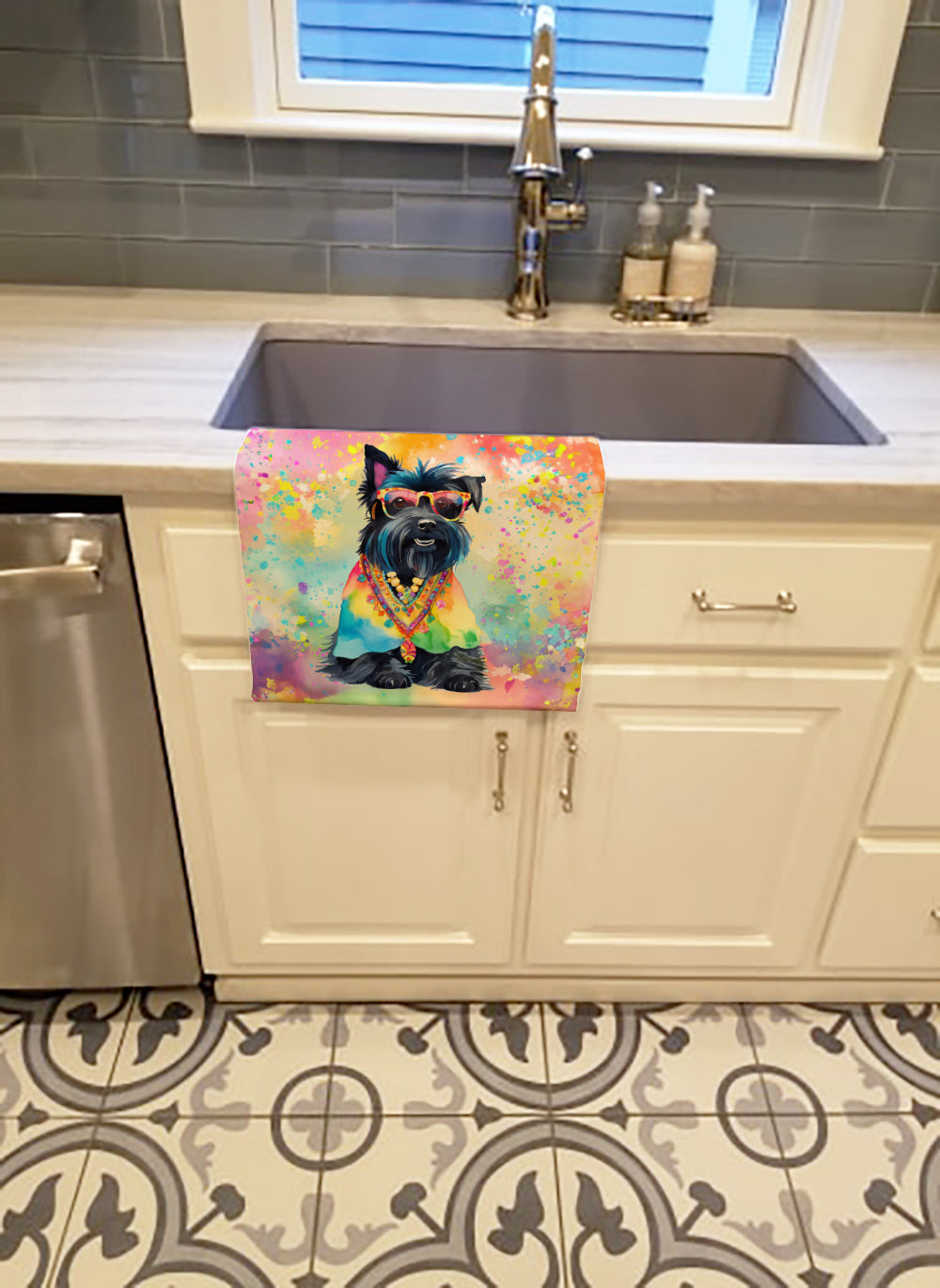 Scottish Terrier Hippie Dawg Kitchen Towel Velour Plush Front and Cotton Loop Back Machine Washable