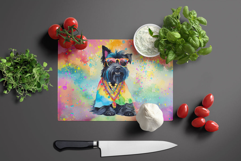 Scottish Terrier Hippie Dawg Cutting Board Tempered Glass Kitchen Cutting Surface, Heat Resistant Chopping, Non-Slip Feet, Food Prep & Serving