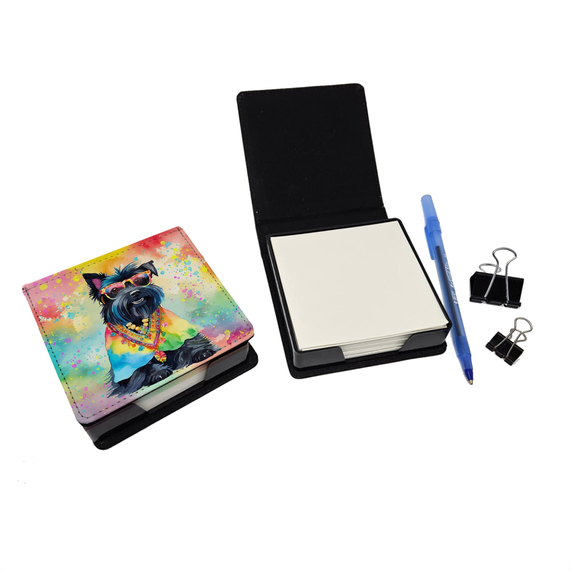 Scottish Terrier Hippie Dawg PU Leather Note Paper Holder with Artist-Designed Cover, Desk Accessory, Office Gift