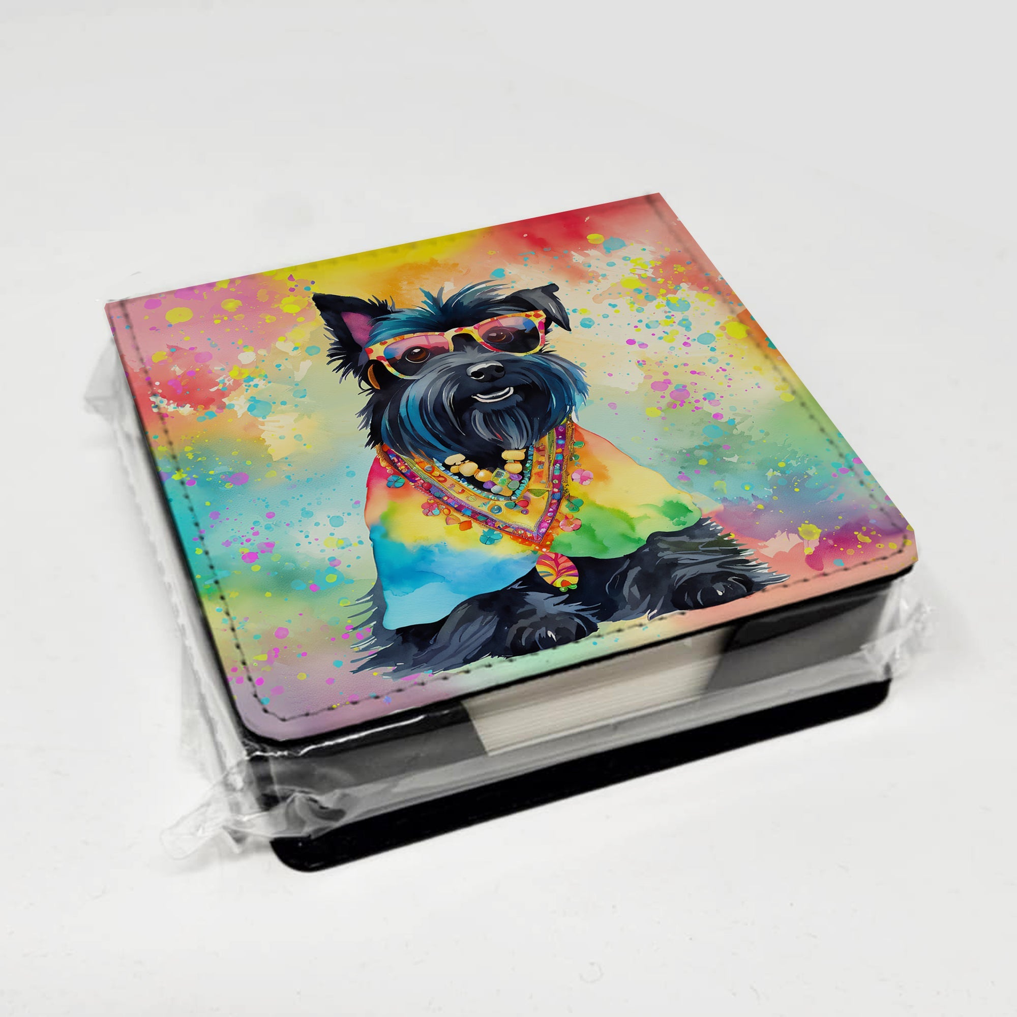 Scottish Terrier Hippie Dawg PU Leather Note Paper Holder with Artist-Designed Cover, Desk Accessory, Office Gift