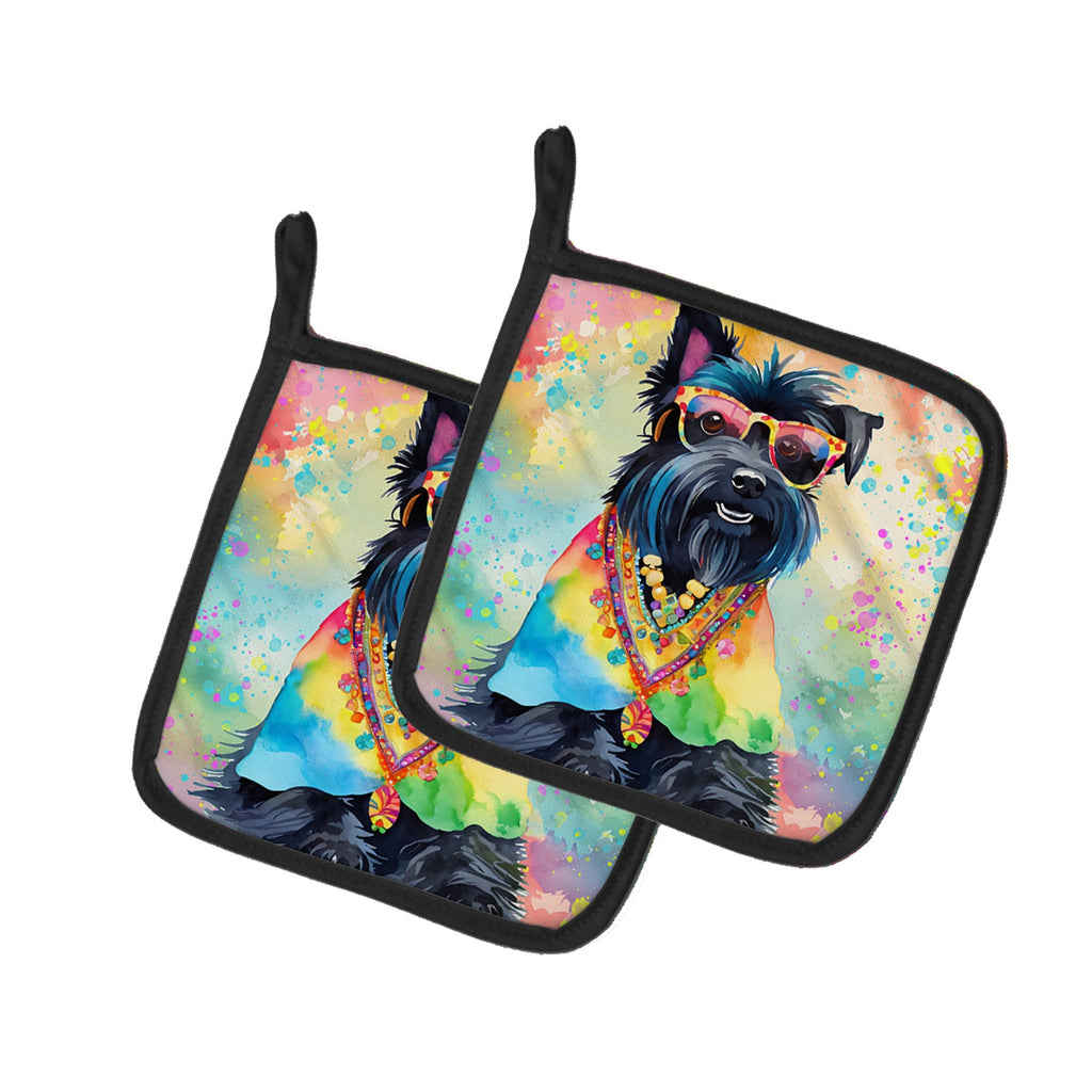 Scottish Terrier Hippie Dawg Pot Holder Set of 2 Heat Resistant Quilted Hot Pads 7.5 x 7.5 Inch, Insulated Kitchen Trivets for Cooking & Baking