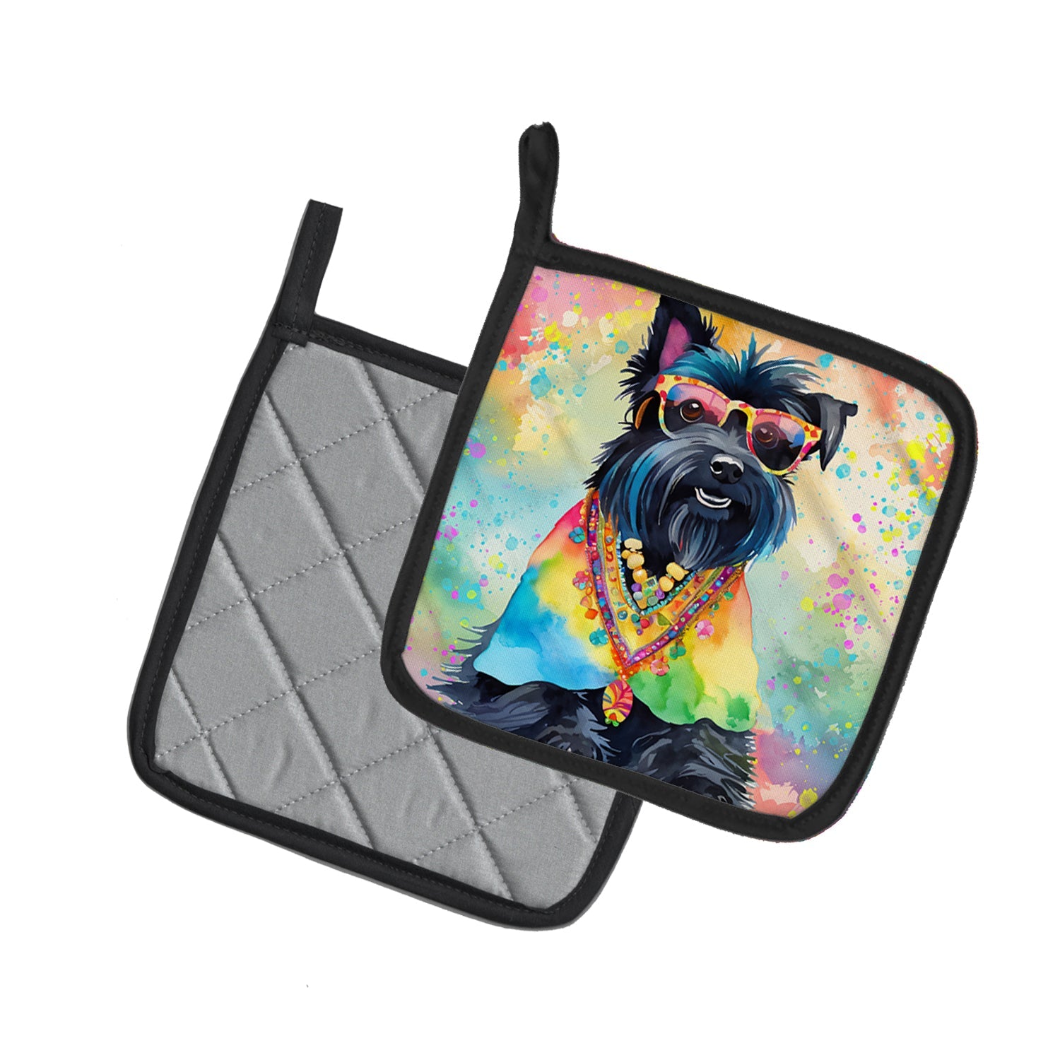 Scottish Terrier Hippie Dawg Pot Holder Set of 2 Heat Resistant Quilted Hot Pads 7.5 x 7.5 Inch, Insulated Kitchen Trivets for Cooking & Baking