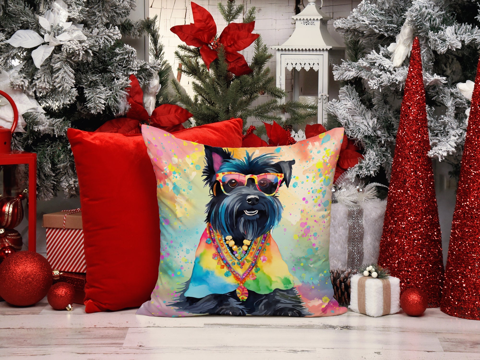 Scottish Terrier Hippie Dawg Decorative Throw Pillow 14x14 Indoor Outdoor Accent Cushion, Fabric Cover with Insert for Sofa, Bed, Porch & Living Room