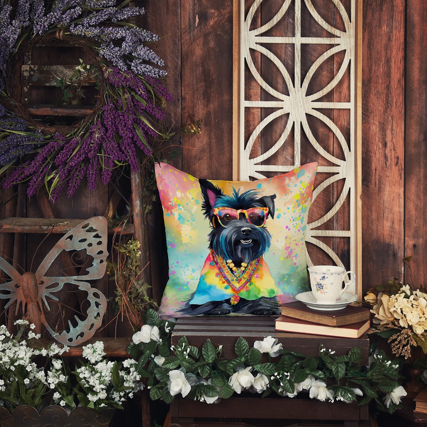 Scottish Terrier Hippie Dawg Decorative Throw Pillow 14x14 Indoor Outdoor Accent Cushion, Fabric Cover with Insert for Sofa, Bed, Porch & Living Room