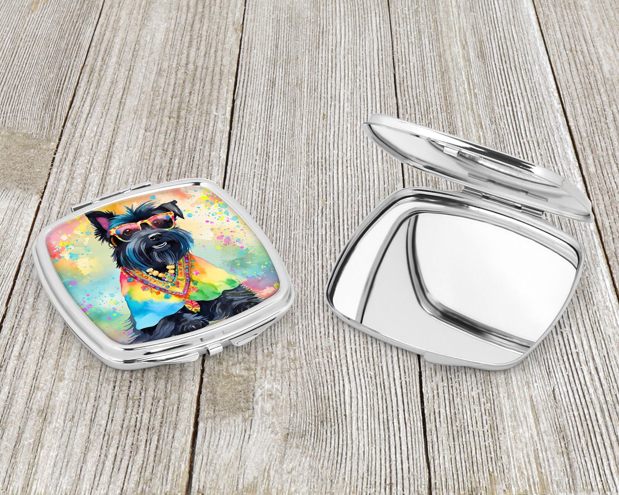 Scottish Terrier Hippie Dawg Compact Mirror Decorative Travel Makeup Mirror for Women Girls Gifts Pocket Makeup Mirror Folding Handheld