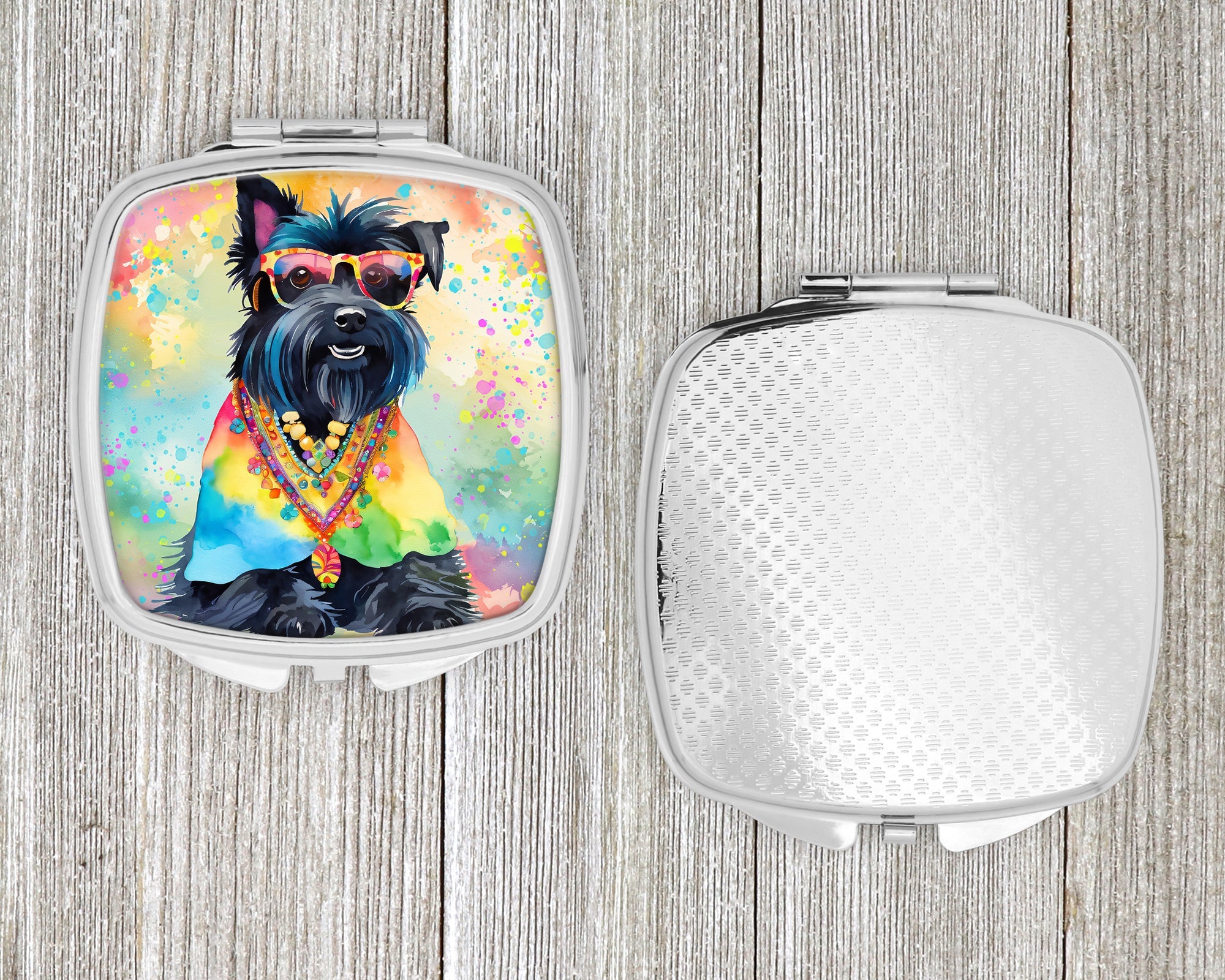 Scottish Terrier Hippie Dawg Compact Mirror Decorative Travel Makeup Mirror for Women Girls Gifts Pocket Makeup Mirror Folding Handheld