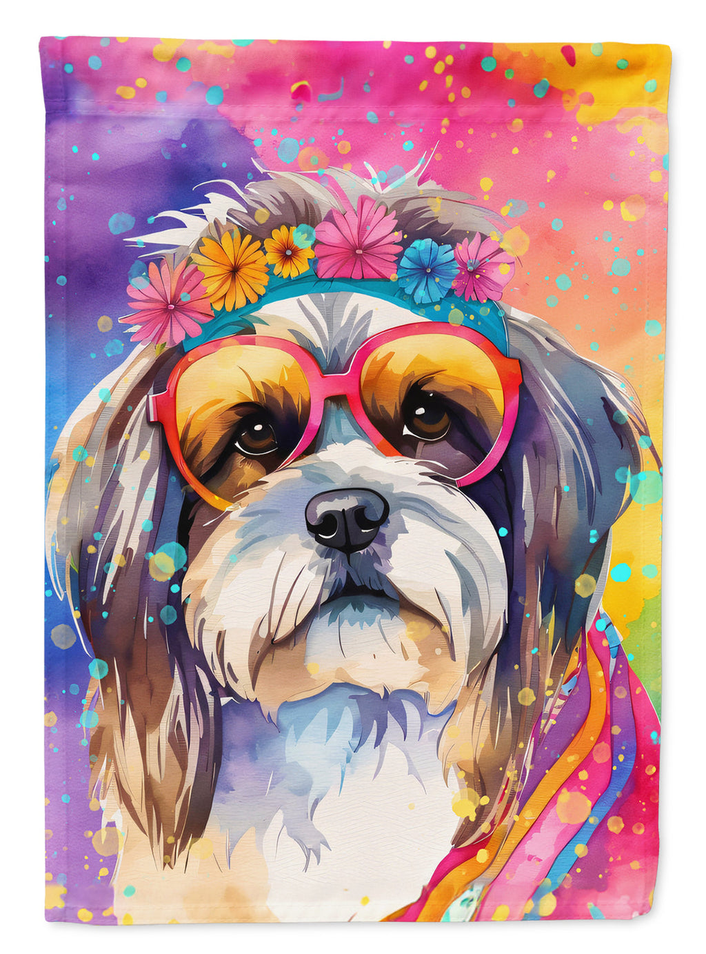 Shih Tzu Hippie Dawg House Flag 28x40 Porch Sleeve Pole Decorative Outside Yard Banner Artwork Wall Hanging, Polyester