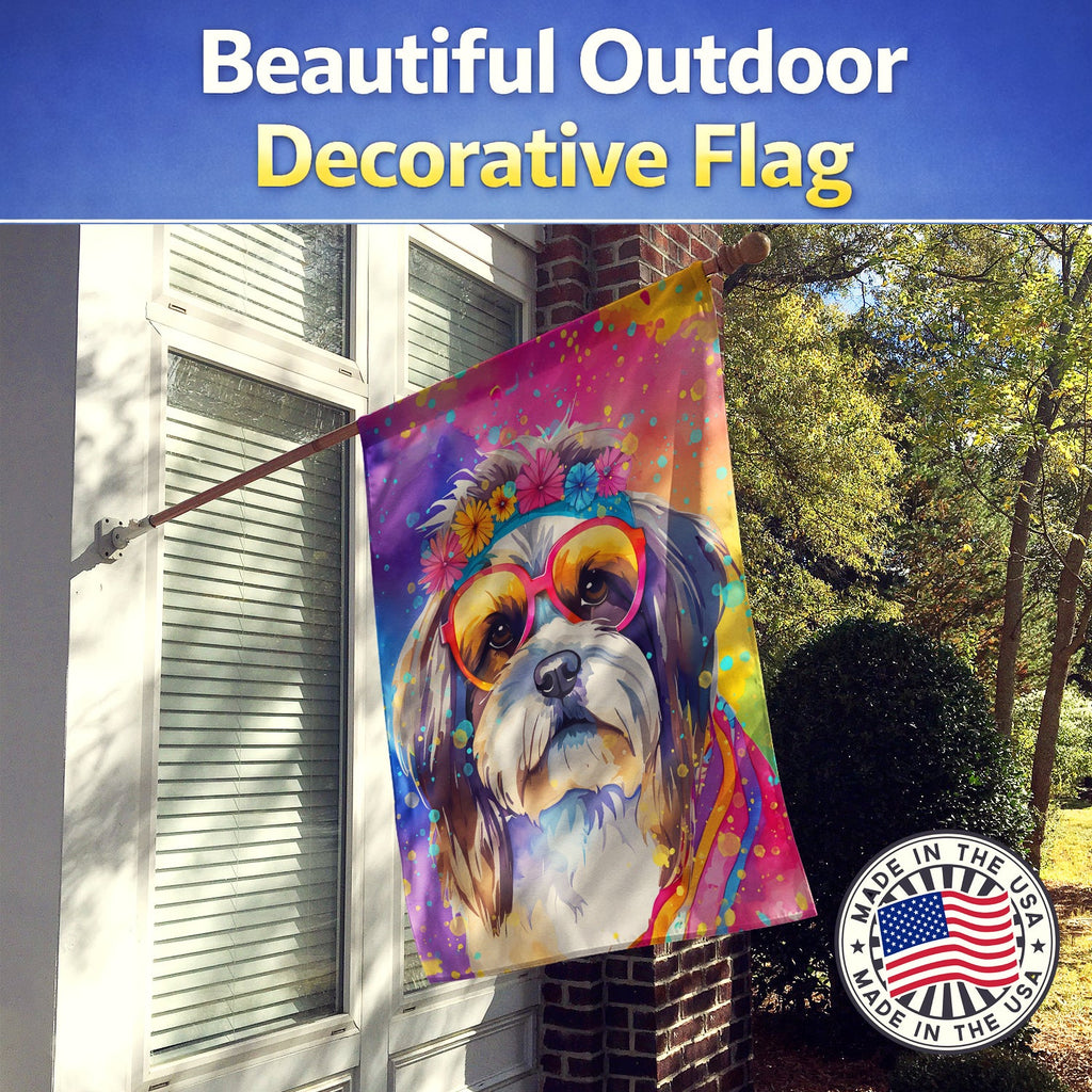 Shih Tzu Hippie Dawg House Flag 28x40 Porch Sleeve Pole Decorative Outside Yard Banner Artwork Wall Hanging, Polyester