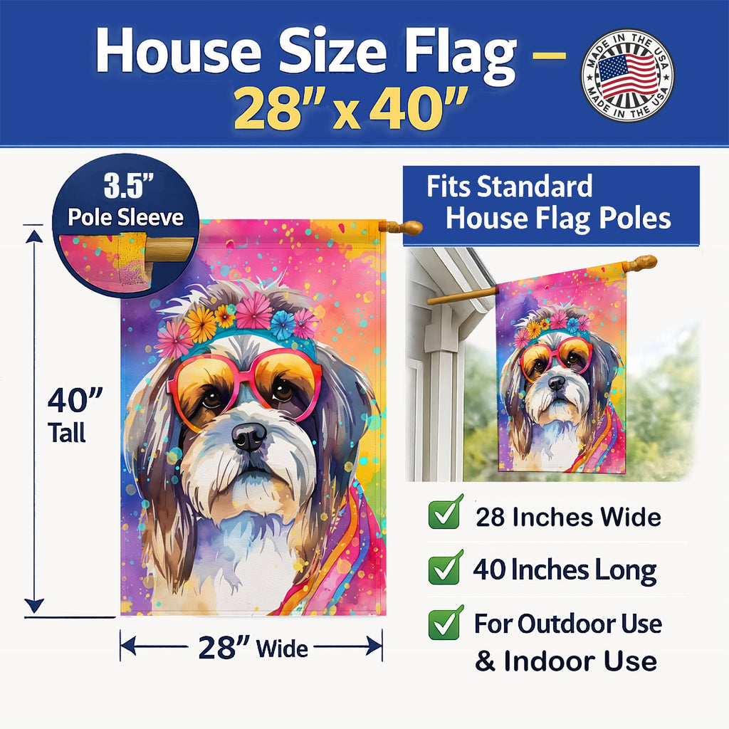 Shih Tzu Hippie Dawg House Flag 28x40 Porch Sleeve Pole Decorative Outside Yard Banner Artwork Wall Hanging, Polyester