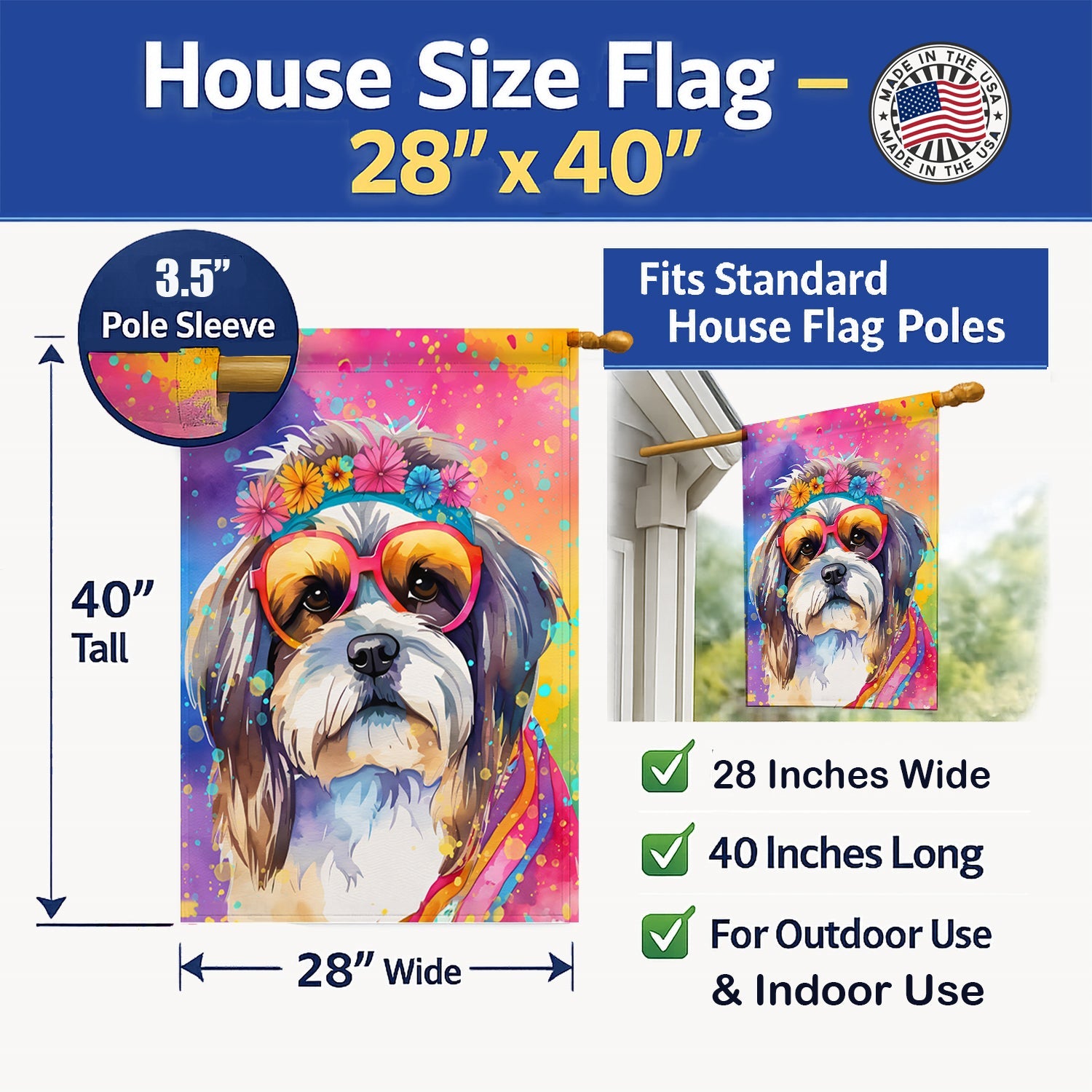 Shih Tzu Hippie Dawg House Flag 28x40 Porch Sleeve Pole Decorative Outside Yard Banner Artwork Wall Hanging, Polyester