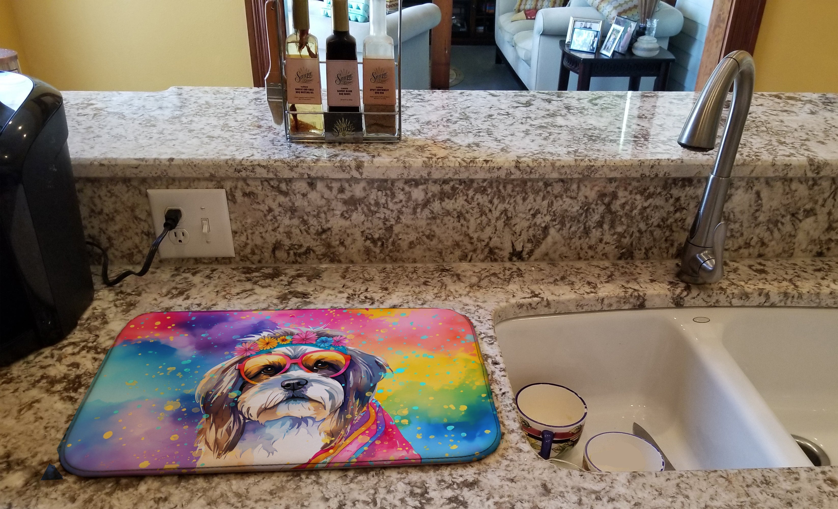 Shih Tzu Hippie Dawg Dish Drying Mat Absorbent Dish Drying Mat Pad for Kitchen Counter Dish Drainer Mat for Countertop, 14 x 21", Multicolor