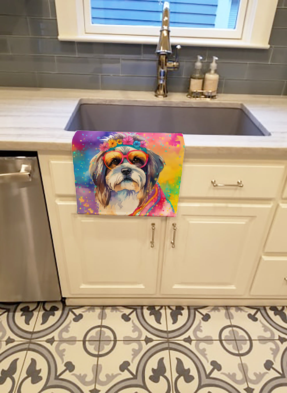 Shih Tzu Hippie Dawg Kitchen Towel Velour Plush Front and Cotton Loop Back Machine Washable