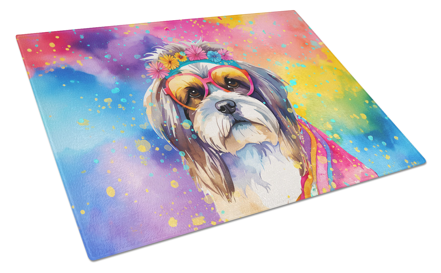 Shih Tzu Hippie Dawg Cutting Board Tempered Glass Kitchen Cutting Surface, Heat Resistant Chopping, Non-Slip Feet, Food Prep & Serving
