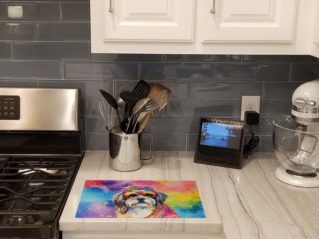 Shih Tzu Hippie Dawg Cutting Board Tempered Glass Kitchen Cutting Surface, Heat Resistant Chopping, Non-Slip Feet, Food Prep & Serving