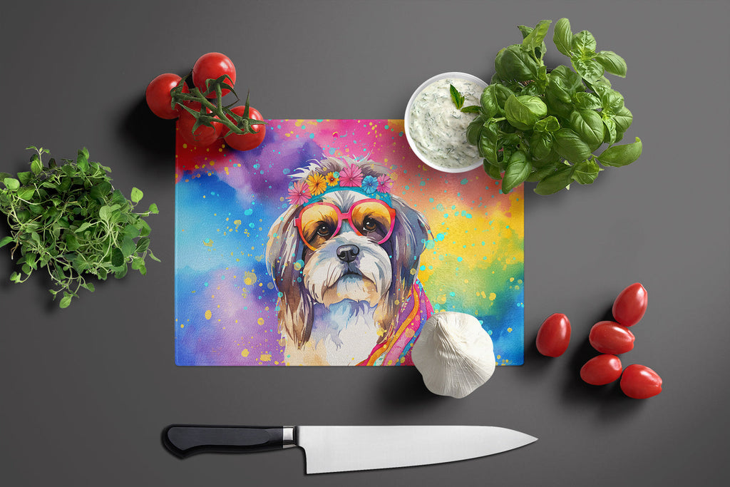 Shih Tzu Hippie Dawg Cutting Board Tempered Glass Kitchen Cutting Surface, Heat Resistant Chopping, Non-Slip Feet, Food Prep & Serving