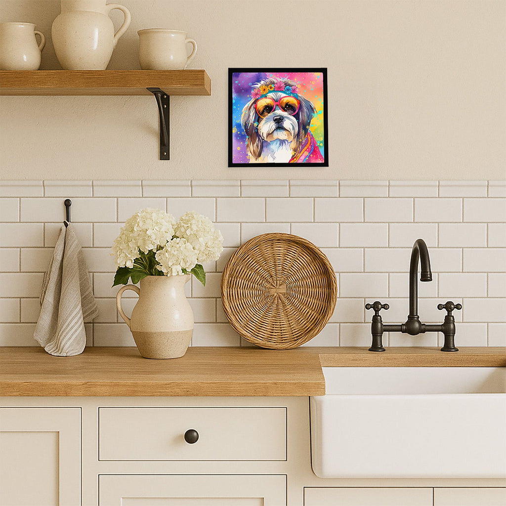 Shih Tzu Hippie Dawg Framed Metal Print Bathroom, Kitchen, Office, Home Decor Wall Art Ready to Hang, Square, 8X8