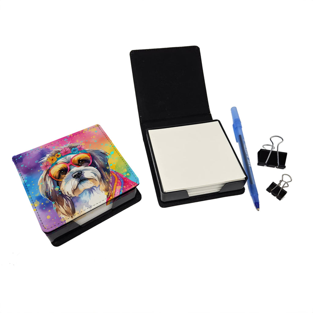 Shih Tzu Hippie Dawg PU Leather Note Paper Holder with Artist-Designed Cover, Desk Accessory, Office Gift
