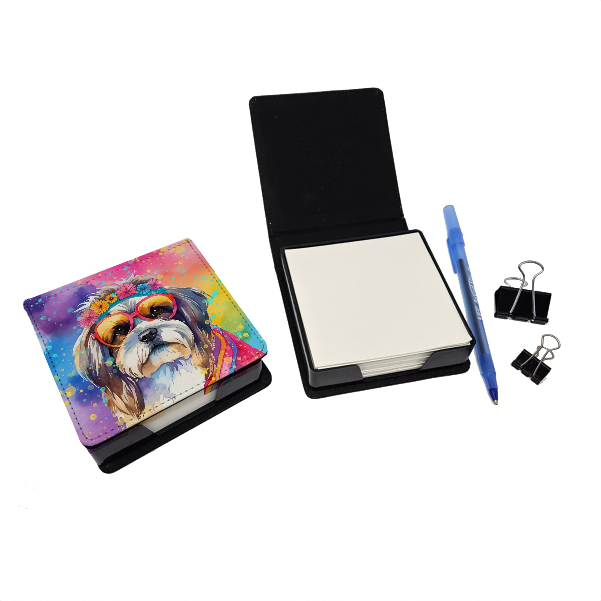 Shih Tzu Hippie Dawg PU Leather Note Paper Holder with Artist-Designed Cover, Desk Accessory, Office Gift