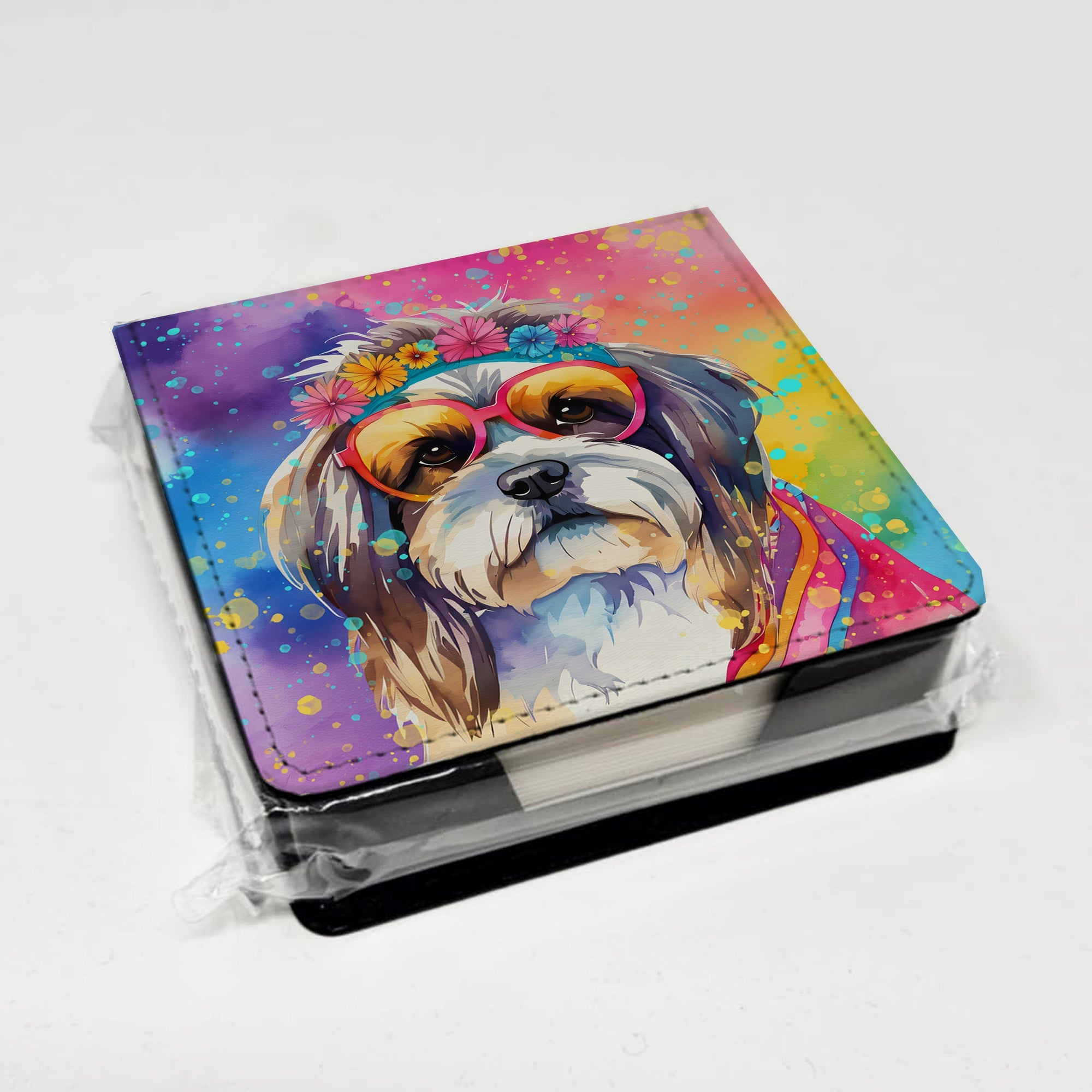 Shih Tzu Hippie Dawg PU Leather Note Paper Holder with Artist-Designed Cover, Desk Accessory, Office Gift
