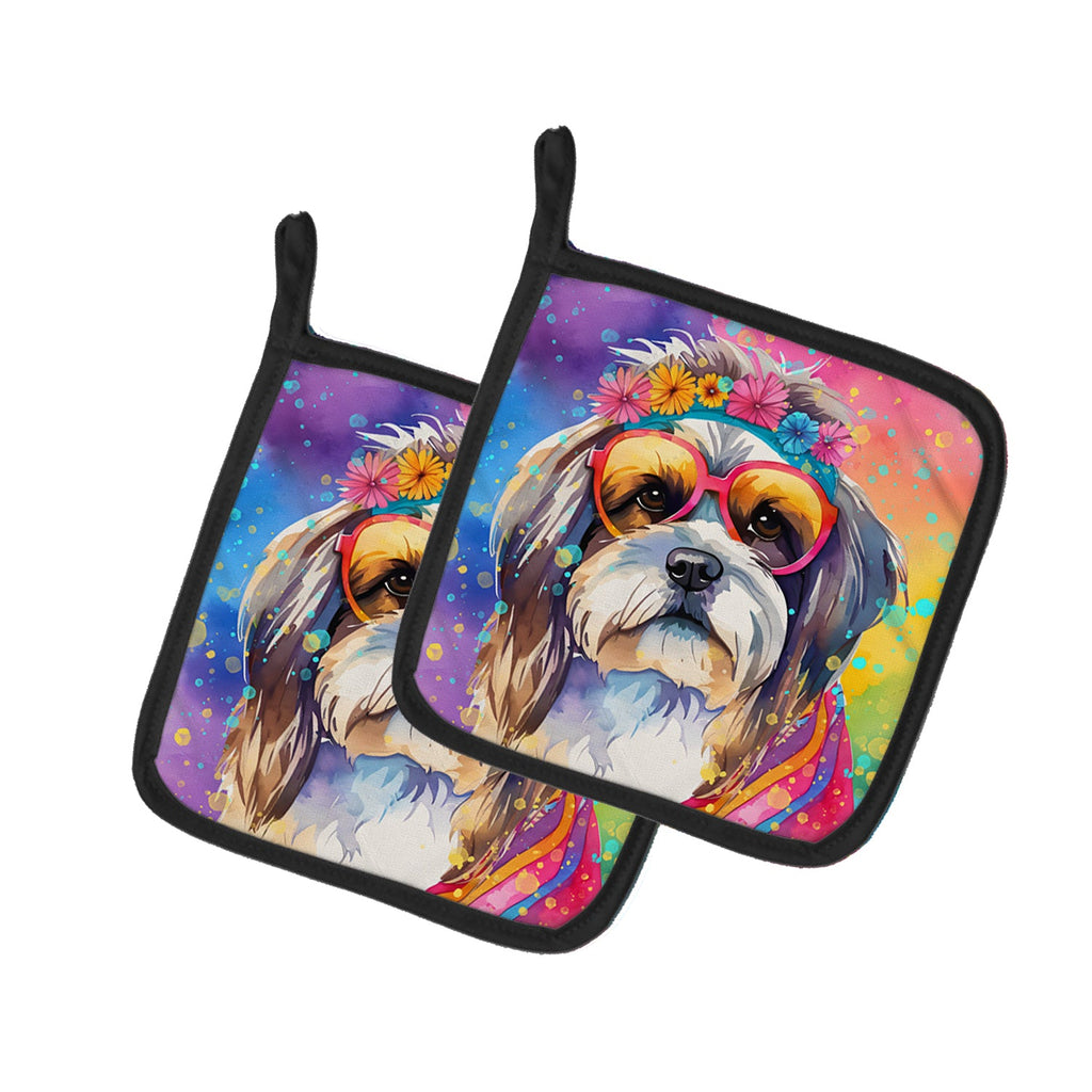 Shih Tzu Hippie Dawg Pot Holder Set of 2 Heat Resistant Quilted Hot Pads 7.5 x 7.5 Inch, Insulated Kitchen Trivets for Cooking & Baking