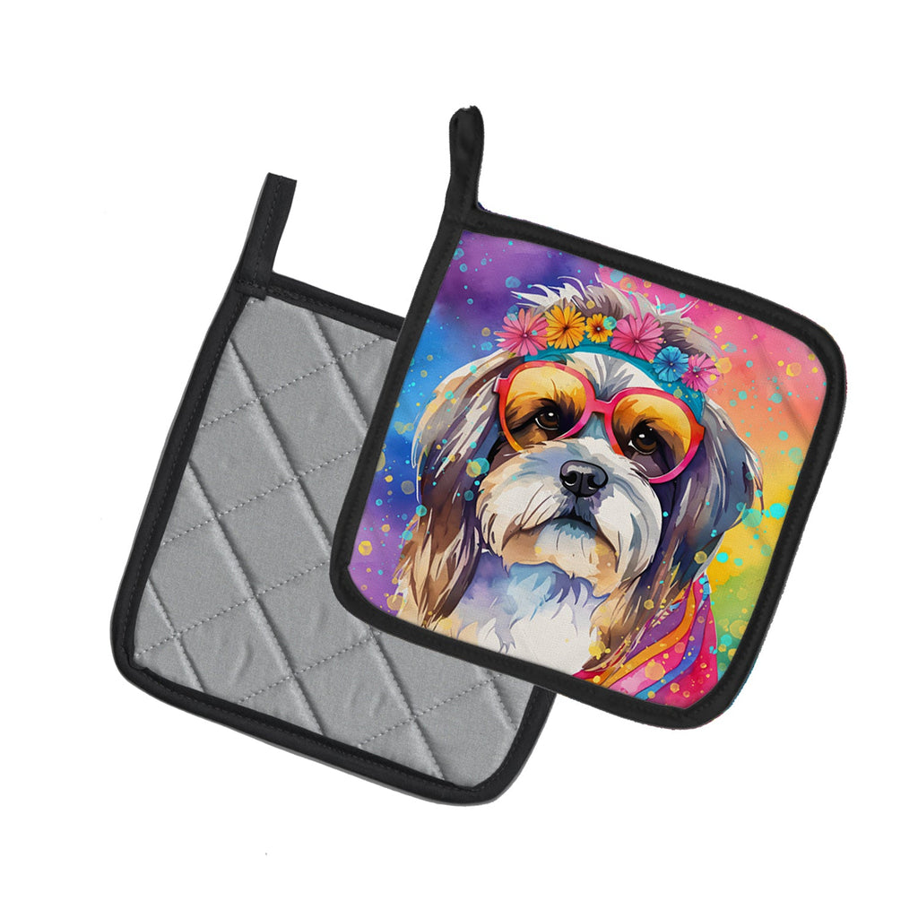 Shih Tzu Hippie Dawg Pot Holder Set of 2 Heat Resistant Quilted Hot Pads 7.5 x 7.5 Inch, Insulated Kitchen Trivets for Cooking & Baking