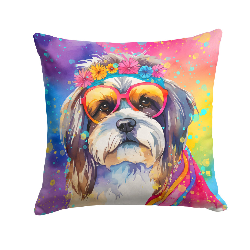 Shih Tzu Hippie Dawg Decorative Throw Pillow 14x14 Indoor Outdoor Accent Cushion, Fabric Cover with Insert for Sofa, Bed, Porch & Living Room