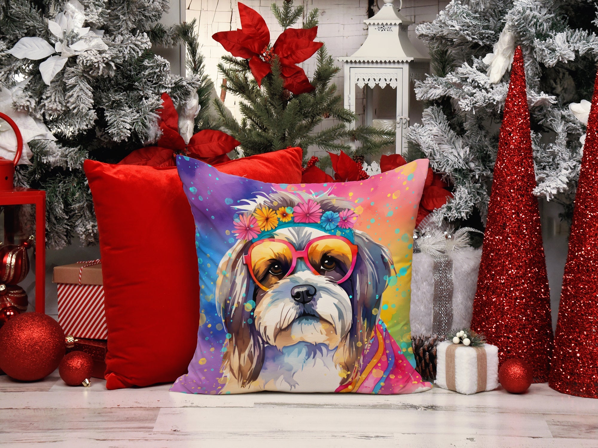 Shih Tzu Hippie Dawg Decorative Throw Pillow 14x14 Indoor Outdoor Accent Cushion, Fabric Cover with Insert for Sofa, Bed, Porch & Living Room