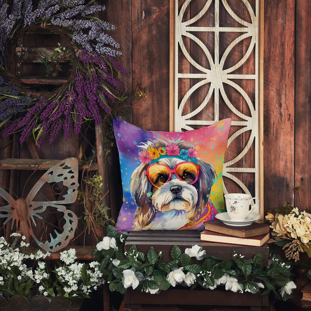 Shih Tzu Hippie Dawg Decorative Throw Pillow 14x14 Indoor Outdoor Accent Cushion, Fabric Cover with Insert for Sofa, Bed, Porch & Living Room