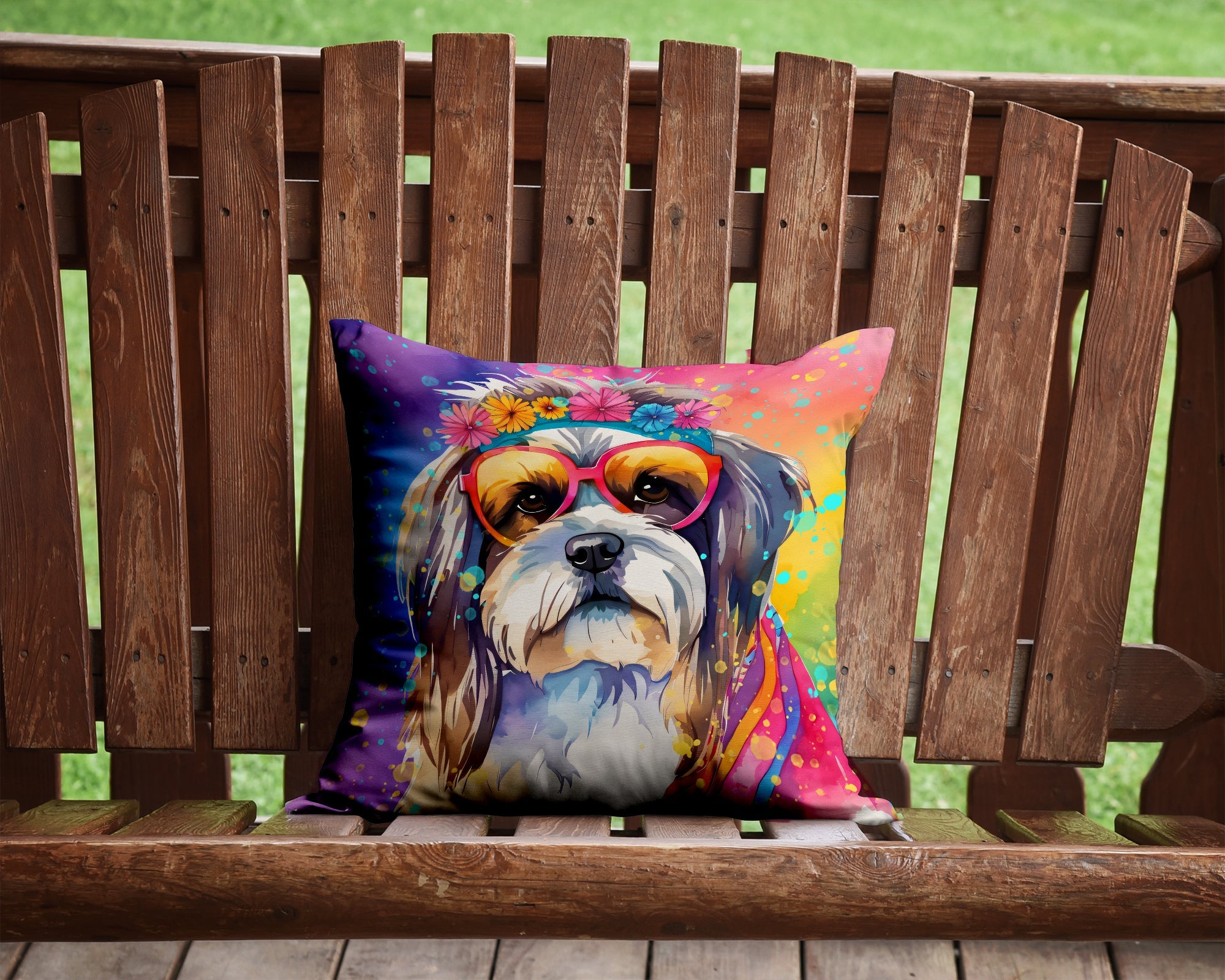 Shih Tzu Hippie Dawg Decorative Throw Pillow 14x14 Indoor Outdoor Accent Cushion, Fabric Cover with Insert for Sofa, Bed, Porch & Living Room