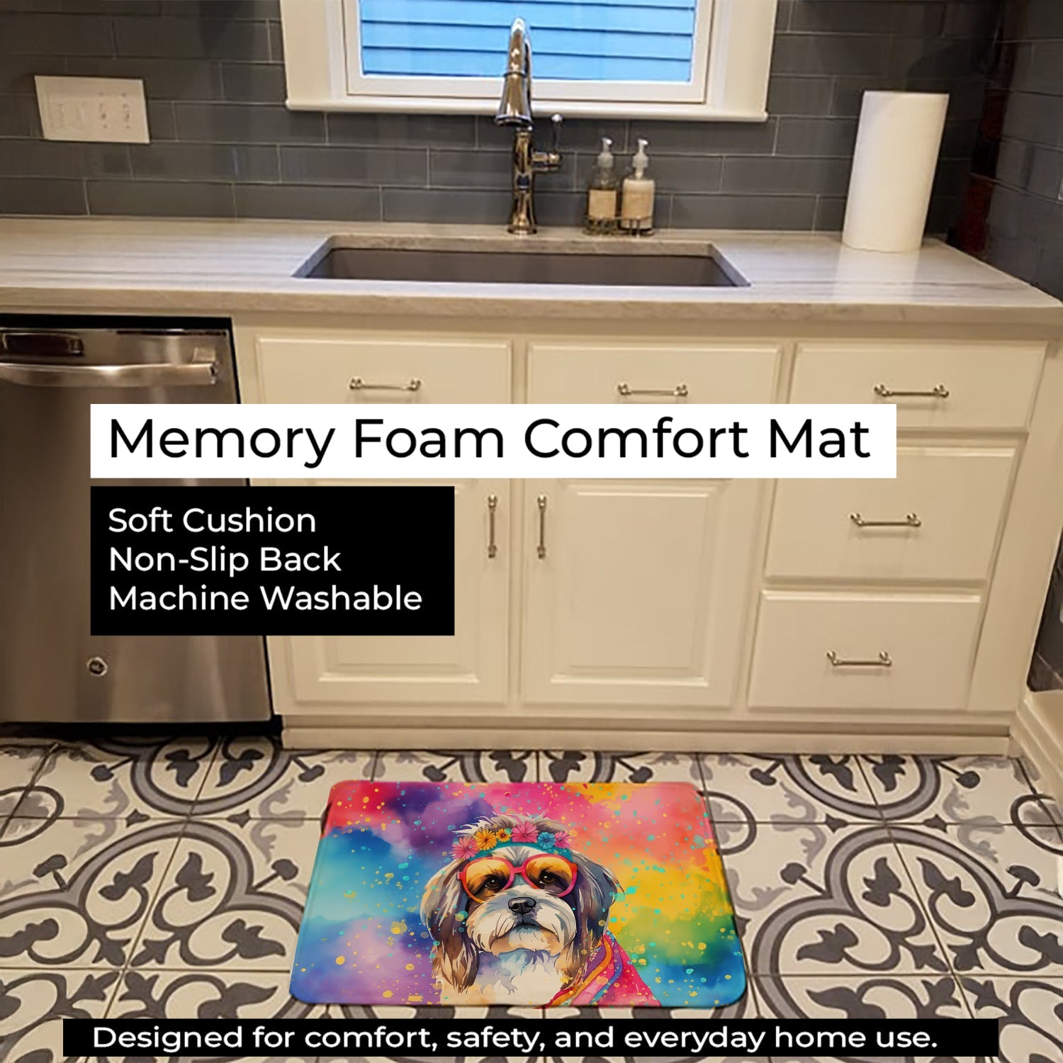 Shih Tzu Hippie Dawg Memory Foam Kitchen Mat Machine Washable Anti-Fatigue Cushion Comfort Bath or Kitchen Rug