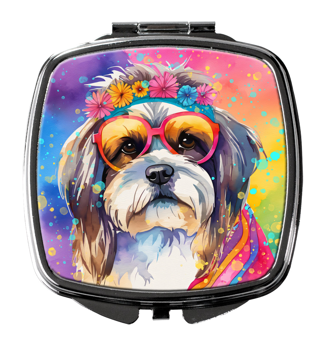Shih Tzu Hippie Dawg Compact Mirror Decorative Travel Makeup Mirror for Women Girls Gifts Pocket Makeup Mirror Folding Handheld