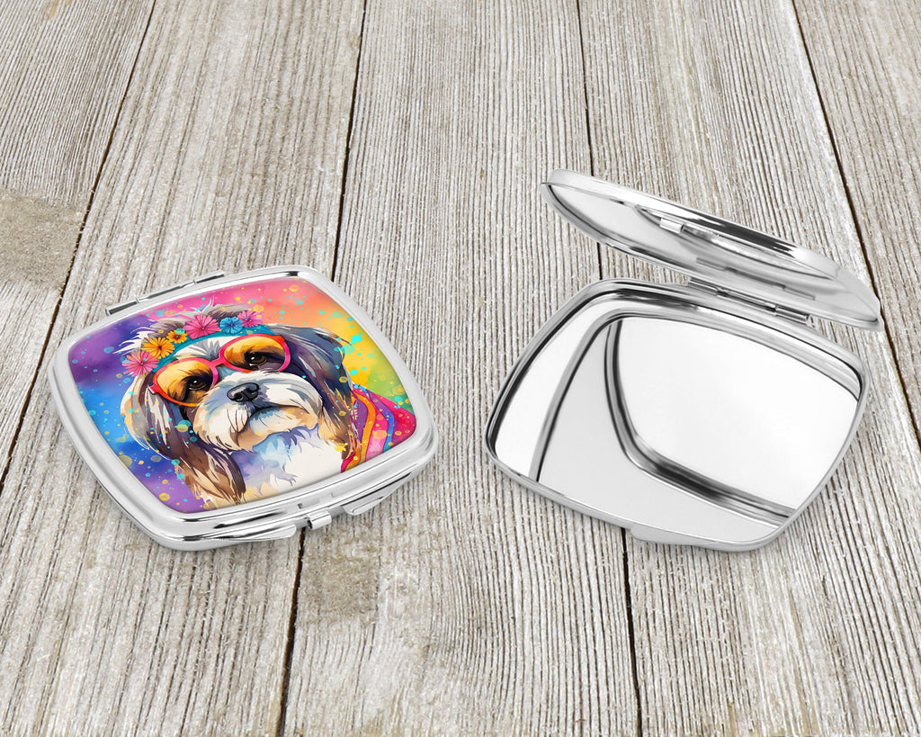 Shih Tzu Hippie Dawg Compact Mirror Decorative Travel Makeup Mirror for Women Girls Gifts Pocket Makeup Mirror Folding Handheld