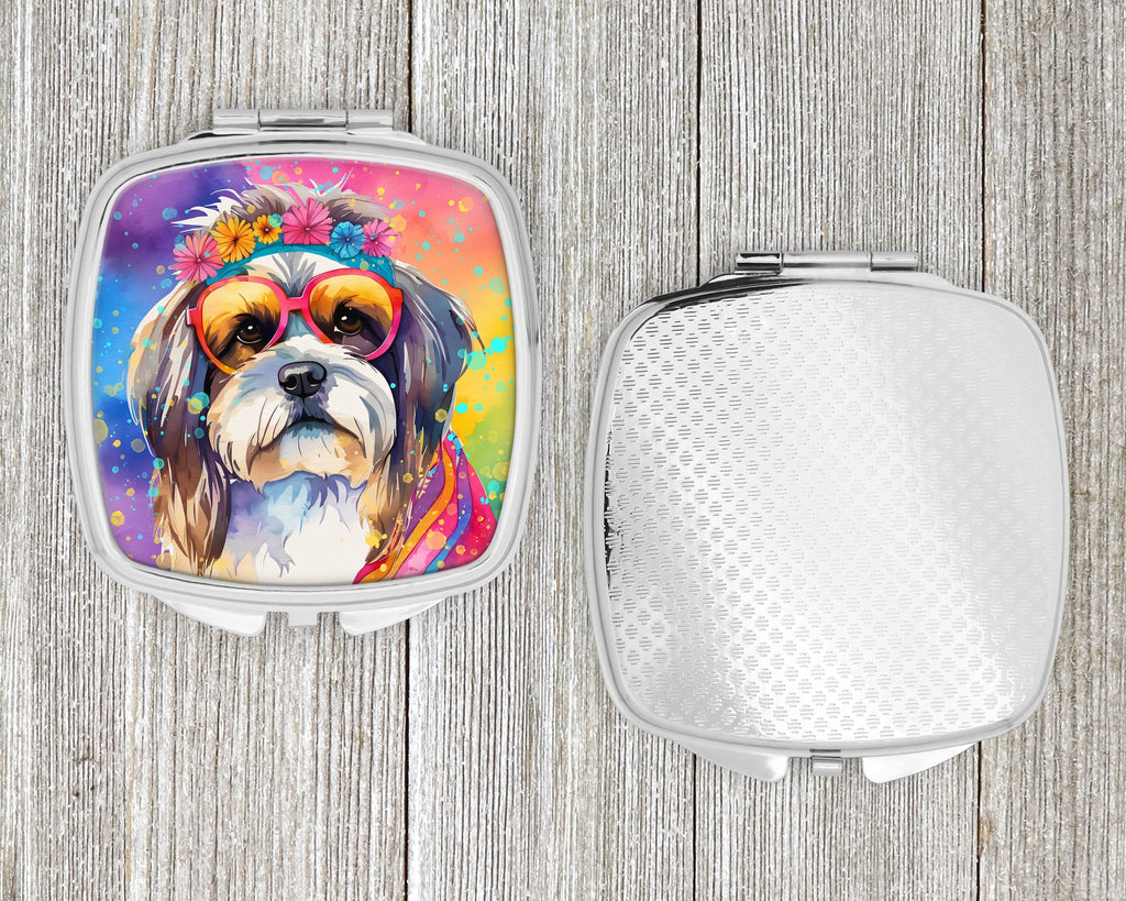 Shih Tzu Hippie Dawg Compact Mirror Decorative Travel Makeup Mirror for Women Girls Gifts Pocket Makeup Mirror Folding Handheld