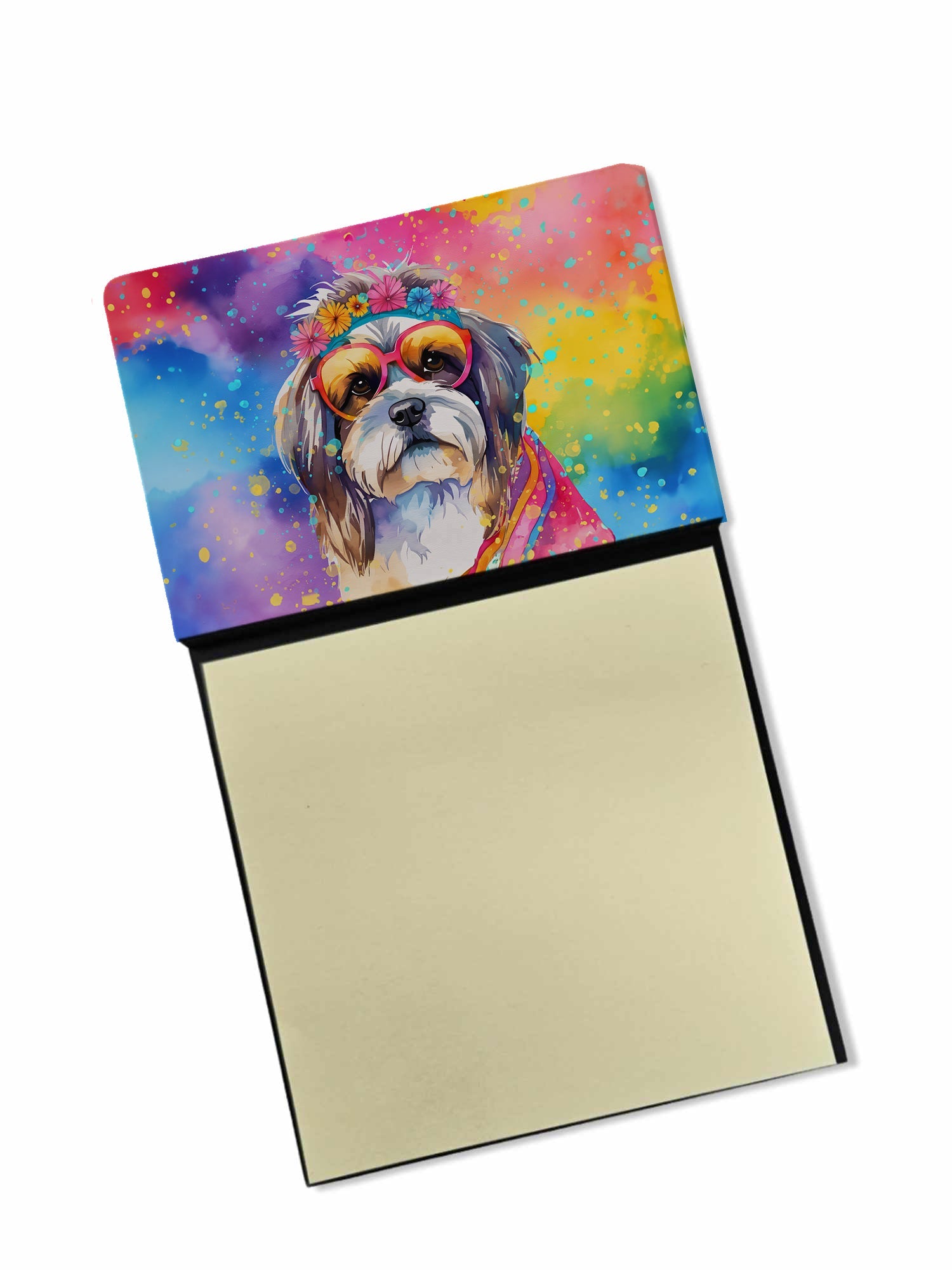 Shih Tzu Hippie Dawg Watercolor Sticky Note Holder Refillable Dispenser Desk Accessory 3x3 Pad Gift