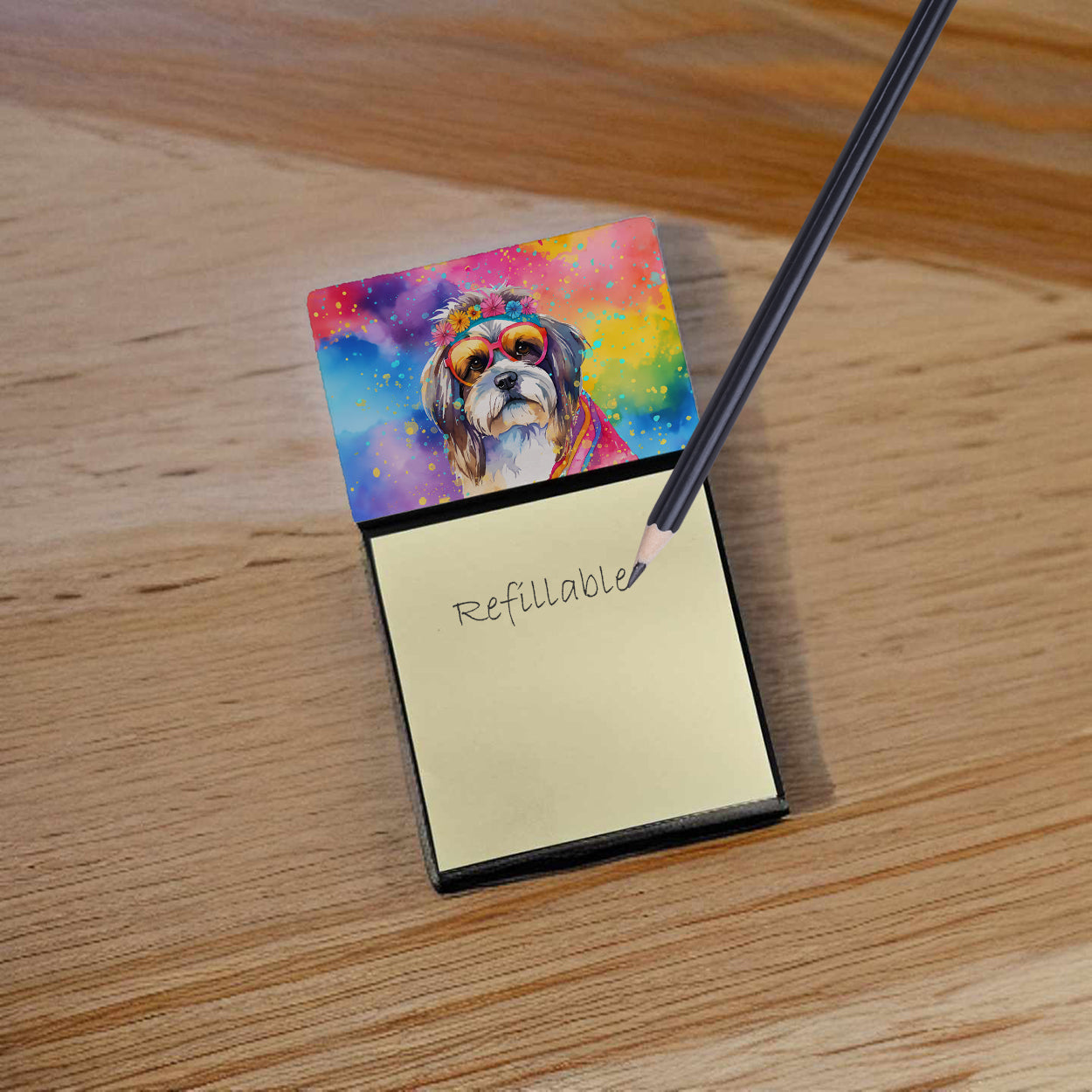 Shih Tzu Hippie Dawg Watercolor Sticky Note Holder Refillable Dispenser Desk Accessory 3x3 Pad Gift