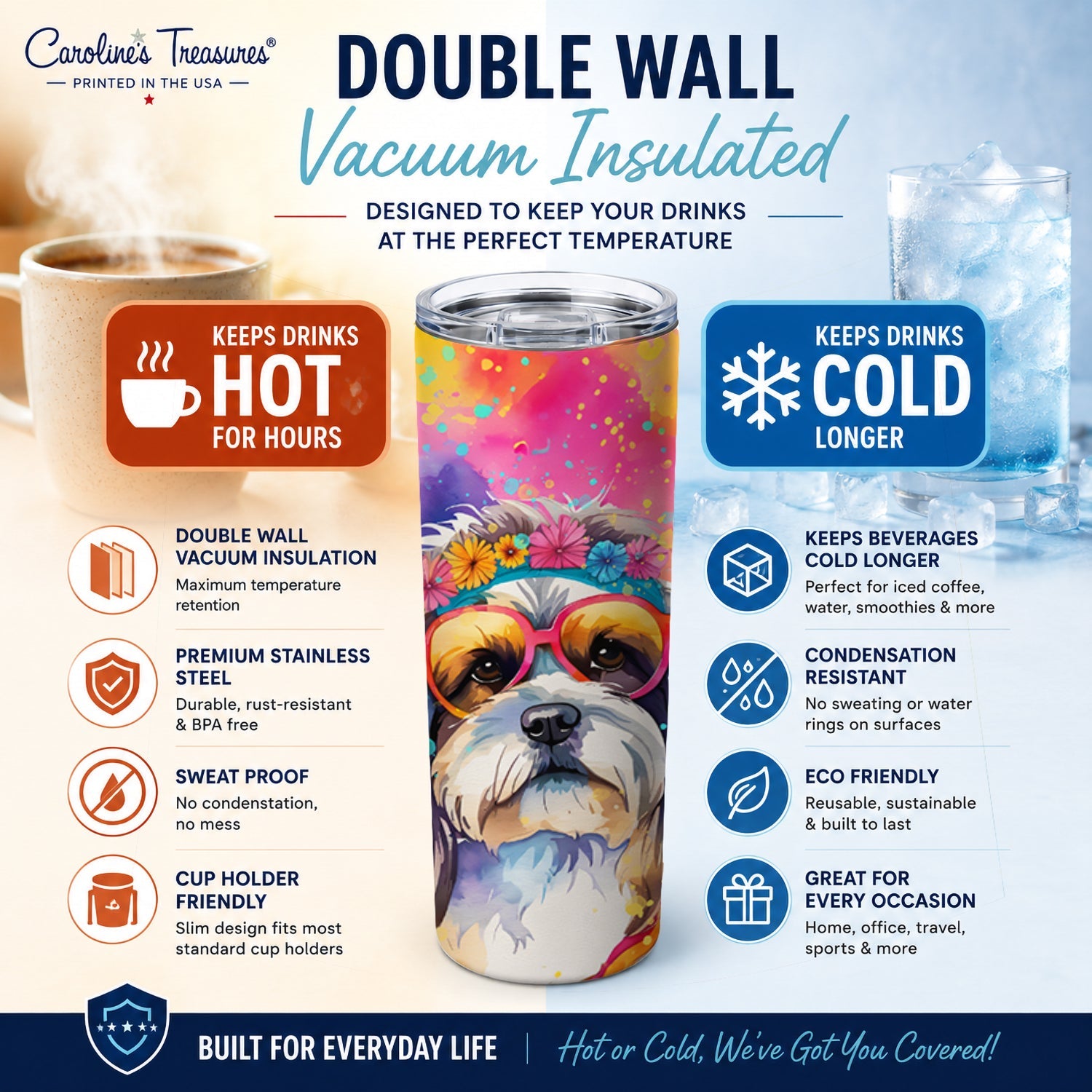 Shih Tzu Hippie Dawg Stainless Steel Skinny Tumbler 20 oz Vacuum Double Walled Reusable Insulated Travel Cup