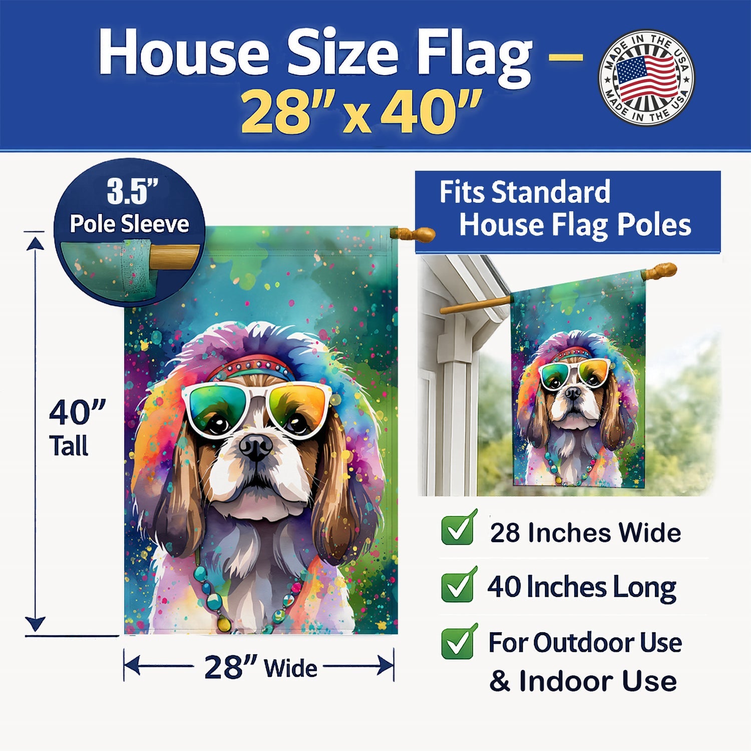 Shih Tzu Hippie Dawg House Flag 28x40 Porch Sleeve Pole Decorative Outside Yard Banner Artwork Wall Hanging, Polyester