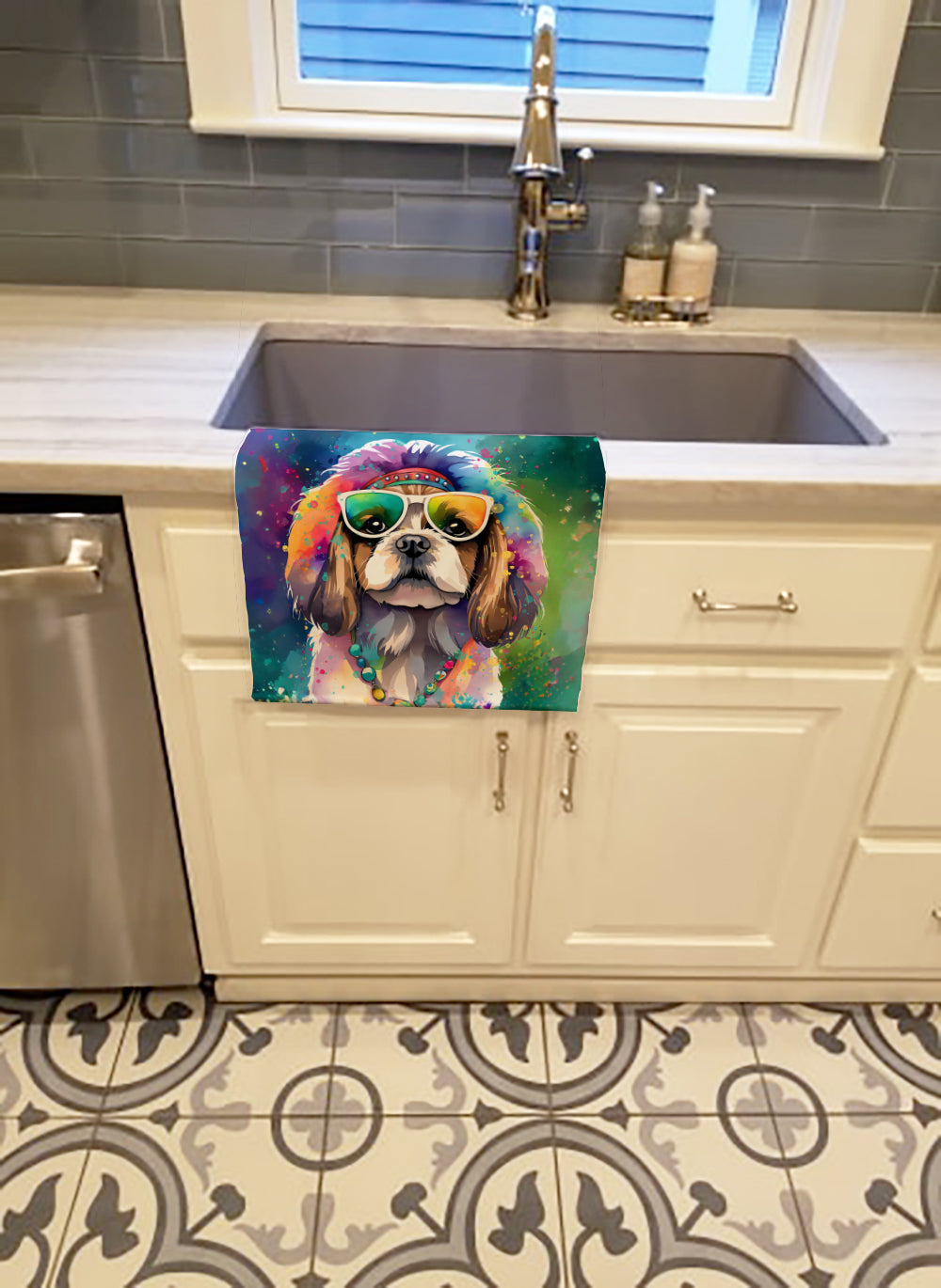Shih Tzu Hippie Dawg Kitchen Towel Velour Plush Front and Cotton Loop Back Machine Washable