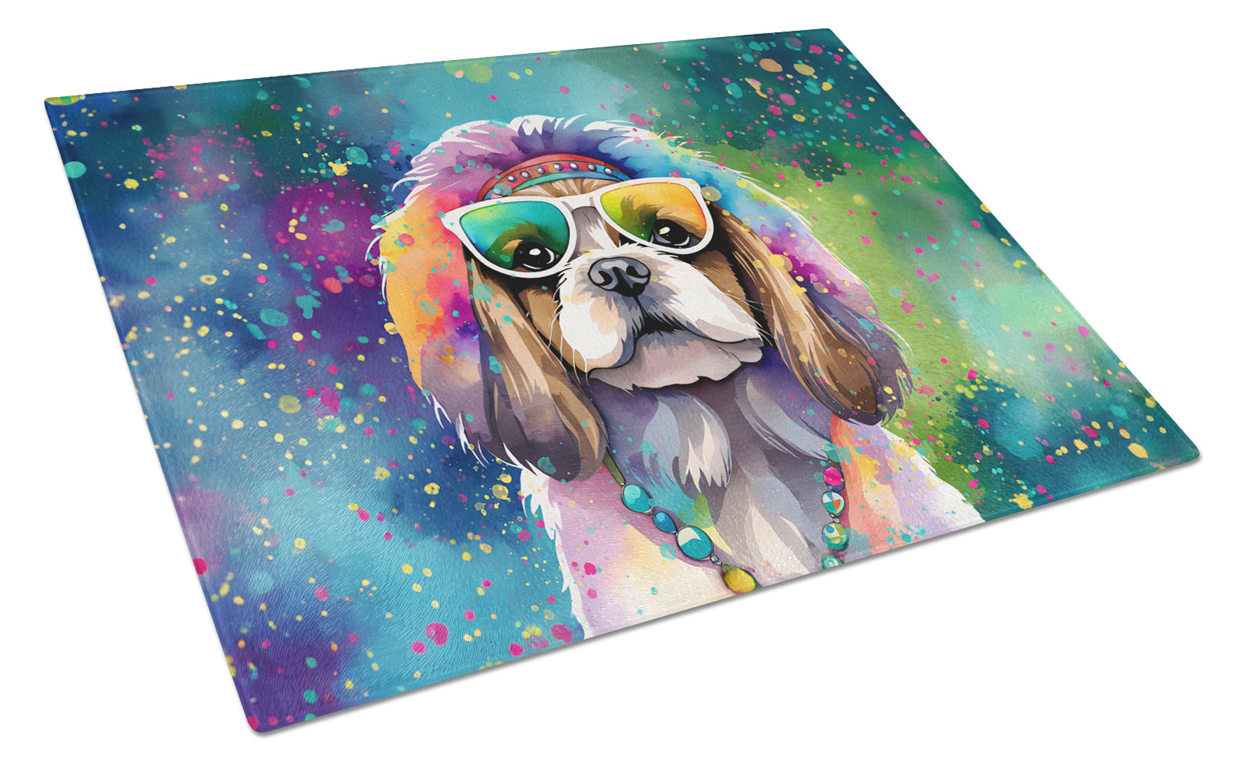 Shih Tzu Hippie Dawg Cutting Board Tempered Glass Kitchen Cutting Surface, Heat Resistant Chopping, Non-Slip Feet, Food Prep & Serving