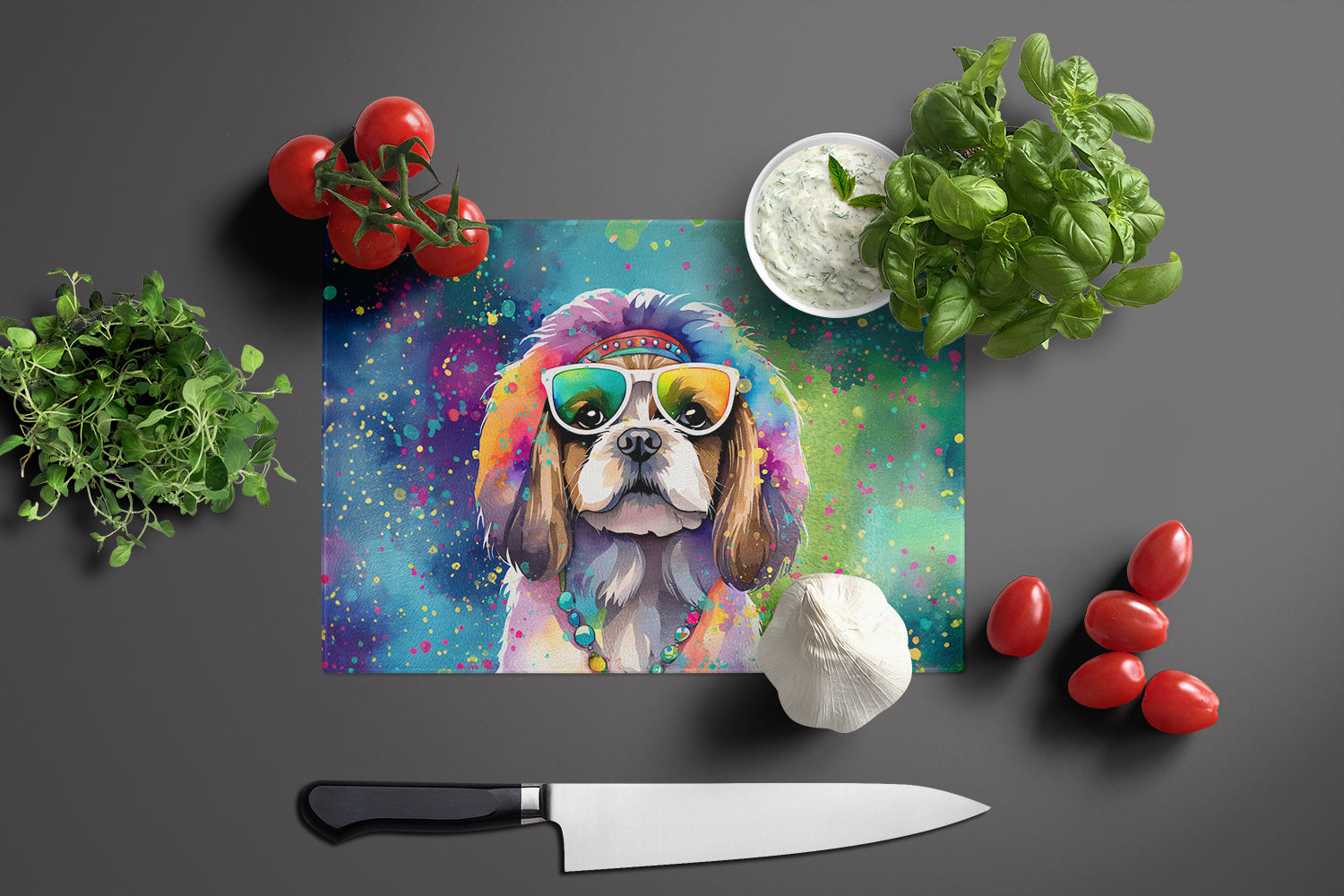Shih Tzu Hippie Dawg Cutting Board Tempered Glass Kitchen Cutting Surface, Heat Resistant Chopping, Non-Slip Feet, Food Prep & Serving