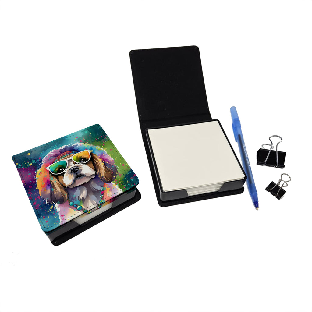 Shih Tzu Hippie Dawg PU Leather Note Paper Holder with Artist-Designed Cover, Desk Accessory, Office Gift