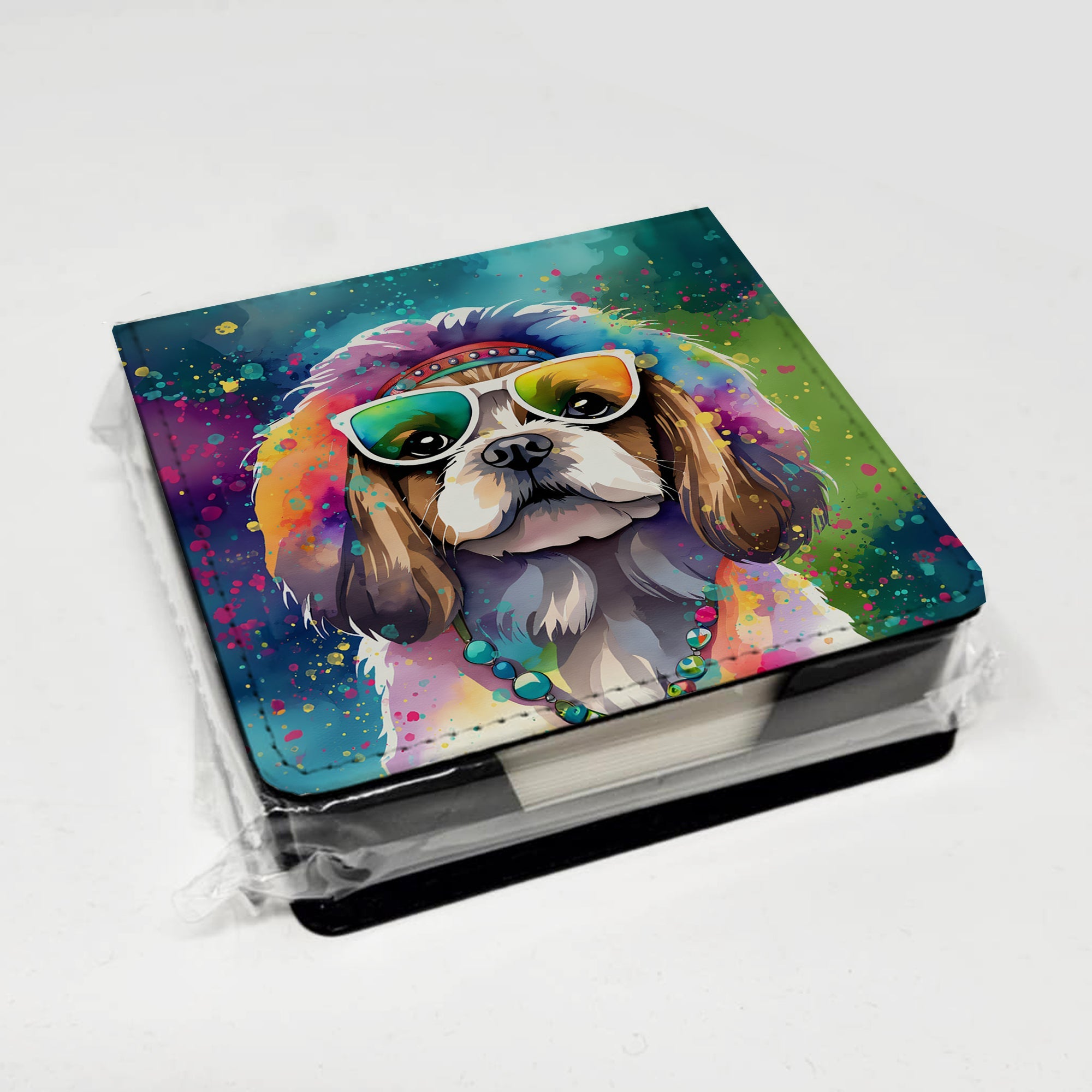 Shih Tzu Hippie Dawg PU Leather Note Paper Holder with Artist-Designed Cover, Desk Accessory, Office Gift