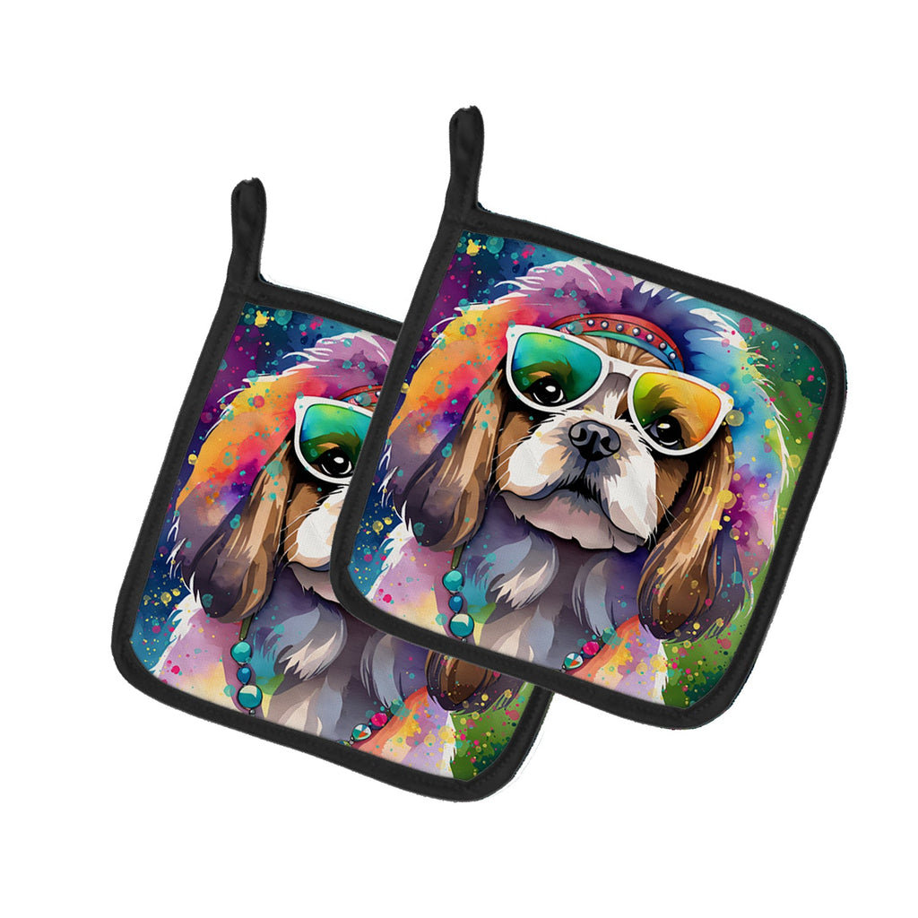 Shih Tzu Hippie Dawg Pot Holder Set of 2 Heat Resistant Quilted Hot Pads 7.5 x 7.5 Inch, Insulated Kitchen Trivets for Cooking & Baking
