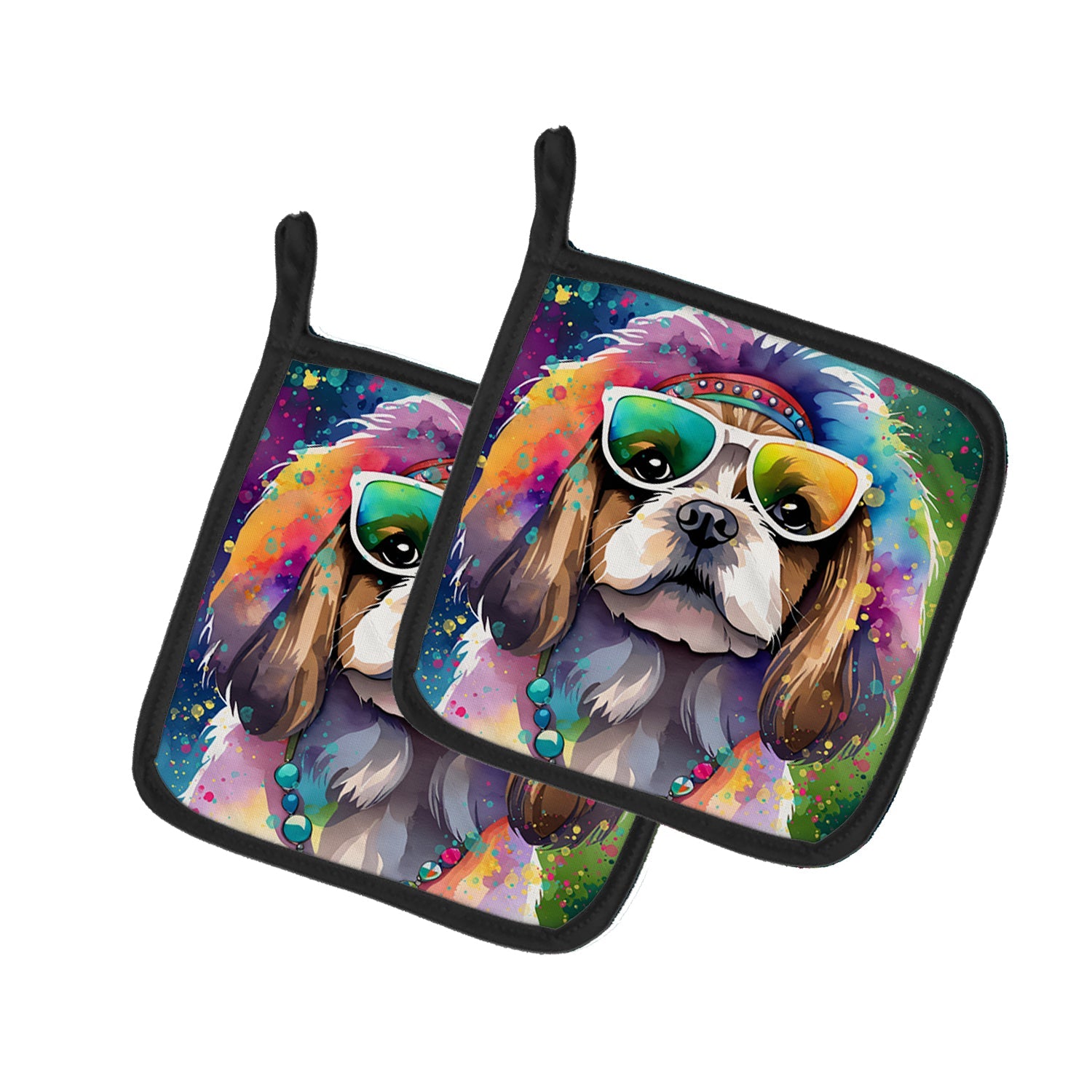 Shih Tzu Hippie Dawg Pot Holder Set of 2 Heat Resistant Quilted Hot Pads 7.5 x 7.5 Inch, Insulated Kitchen Trivets for Cooking & Baking