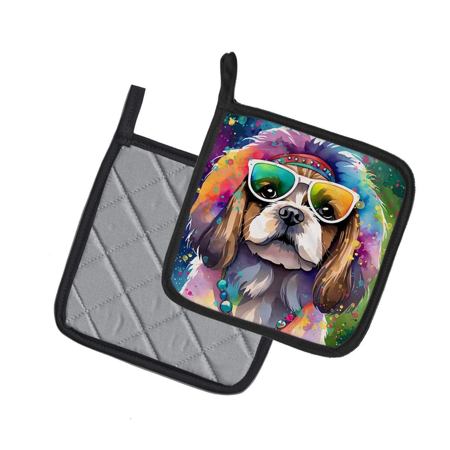 Shih Tzu Hippie Dawg Pot Holder Set of 2 Heat Resistant Quilted Hot Pads 7.5 x 7.5 Inch, Insulated Kitchen Trivets for Cooking & Baking