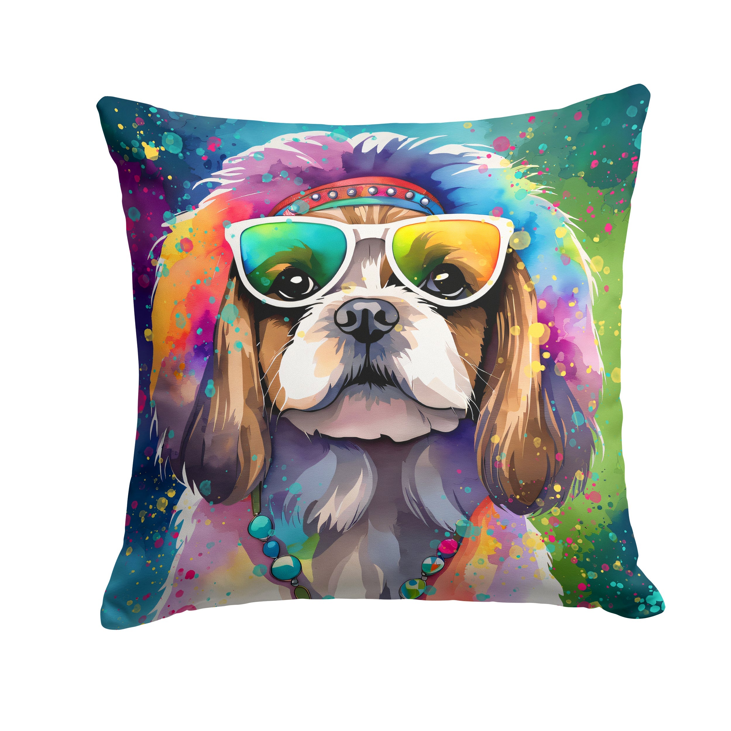 Shih Tzu Hippie Dawg Decorative Throw Pillow 14x14 Indoor Outdoor Accent Cushion, Fabric Cover with Insert for Sofa, Bed, Porch & Living Room