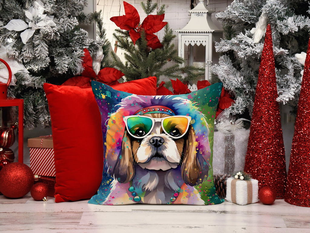 Shih Tzu Hippie Dawg Decorative Throw Pillow 14x14 Indoor Outdoor Accent Cushion, Fabric Cover with Insert for Sofa, Bed, Porch & Living Room