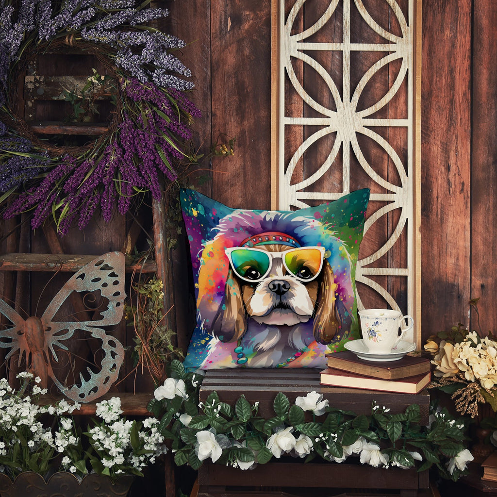 Shih Tzu Hippie Dawg Decorative Throw Pillow 14x14 Indoor Outdoor Accent Cushion, Fabric Cover with Insert for Sofa, Bed, Porch & Living Room