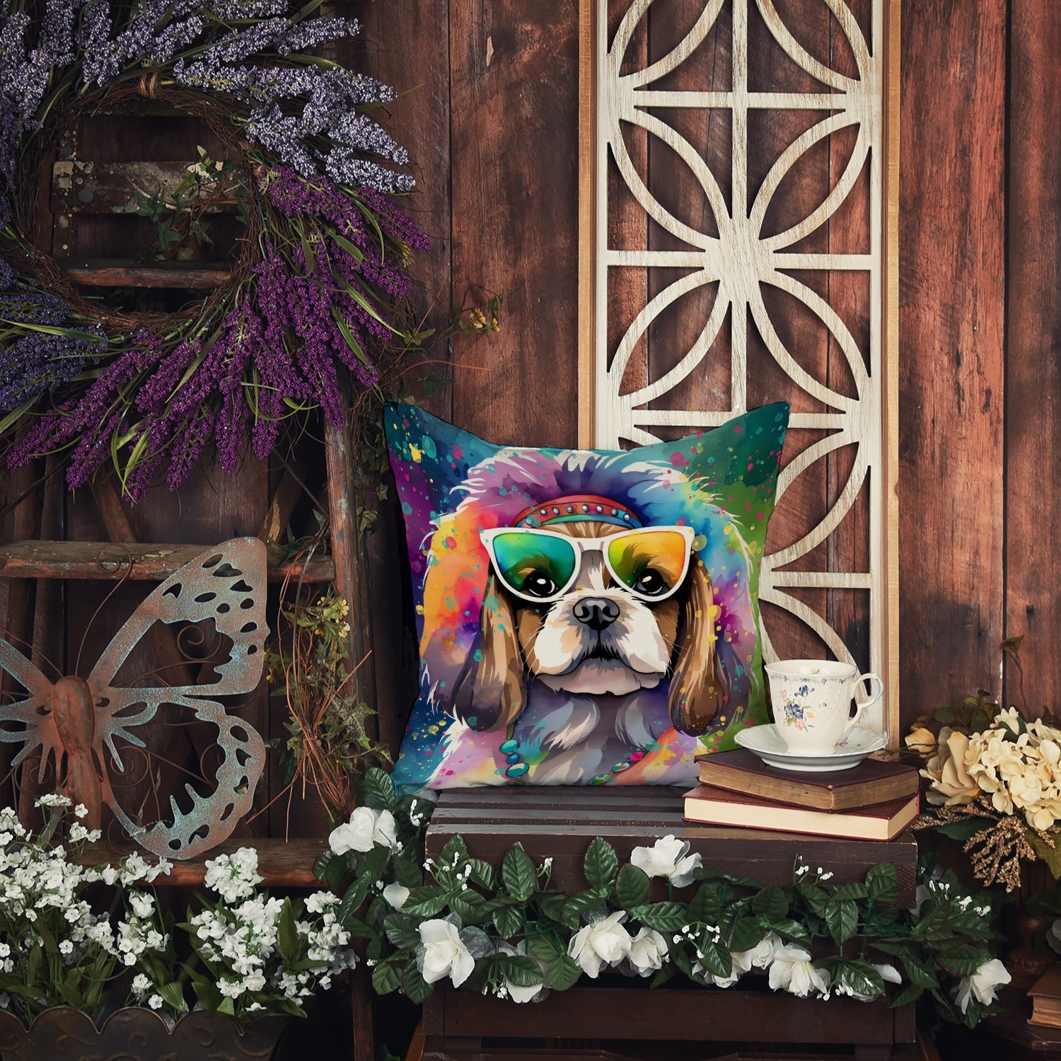 Shih Tzu Hippie Dawg Decorative Throw Pillow 14x14 Indoor Outdoor Accent Cushion, Fabric Cover with Insert for Sofa, Bed, Porch & Living Room