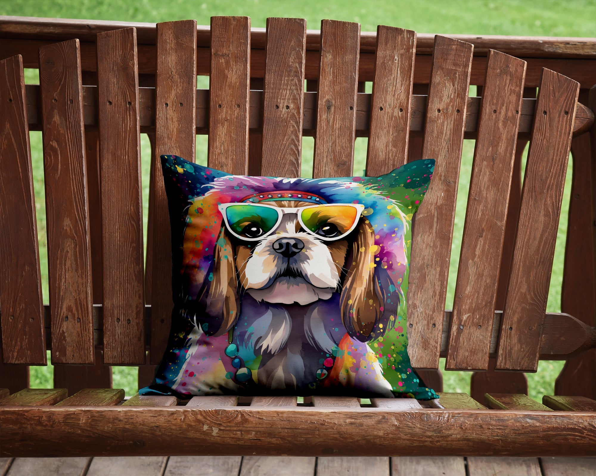 Shih Tzu Hippie Dawg Decorative Throw Pillow 14x14 Indoor Outdoor Accent Cushion, Fabric Cover with Insert for Sofa, Bed, Porch & Living Room